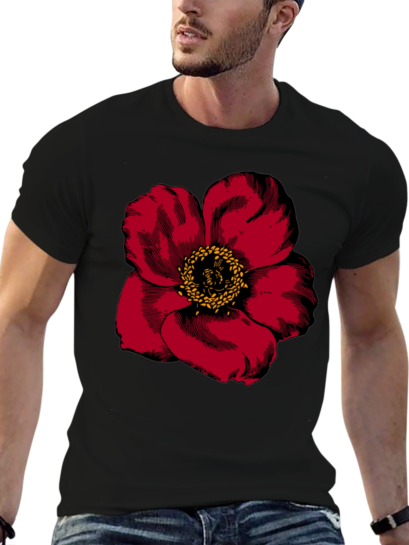 Black Bold Red Flower Graphic Tee - Men's Black T-Shirt view 6