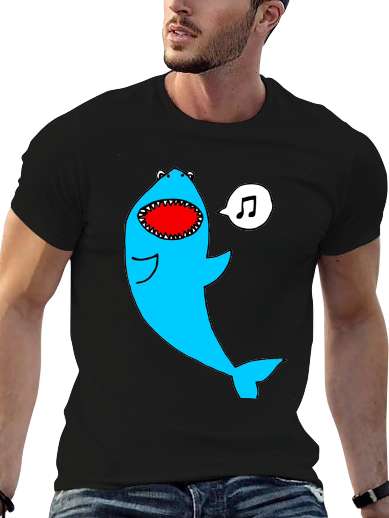 Black Singing Shark Graphic Tee - Black Cotton Blend view 6