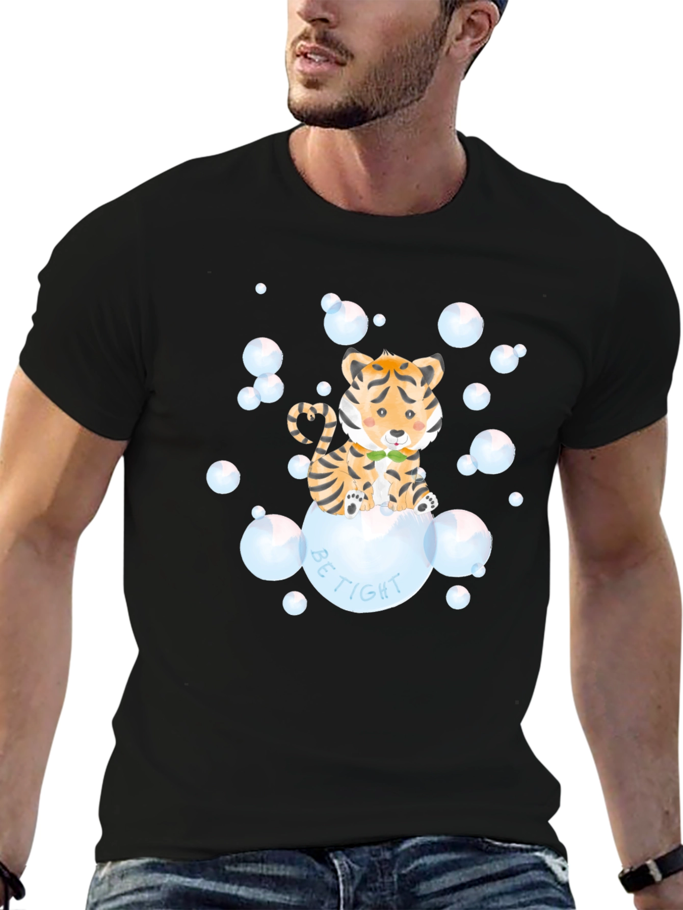 Black Cute Tiger Bubbles Graphic T-Shirt view 6