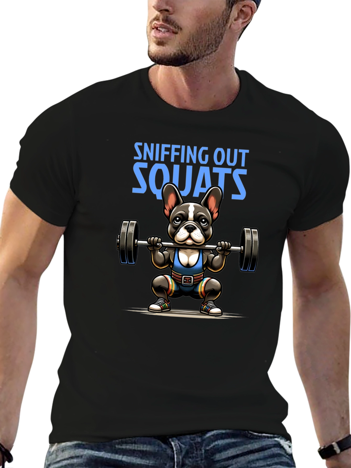 Black Sniffing Out Squats T-Shirt - Fitness Dog Design view 6