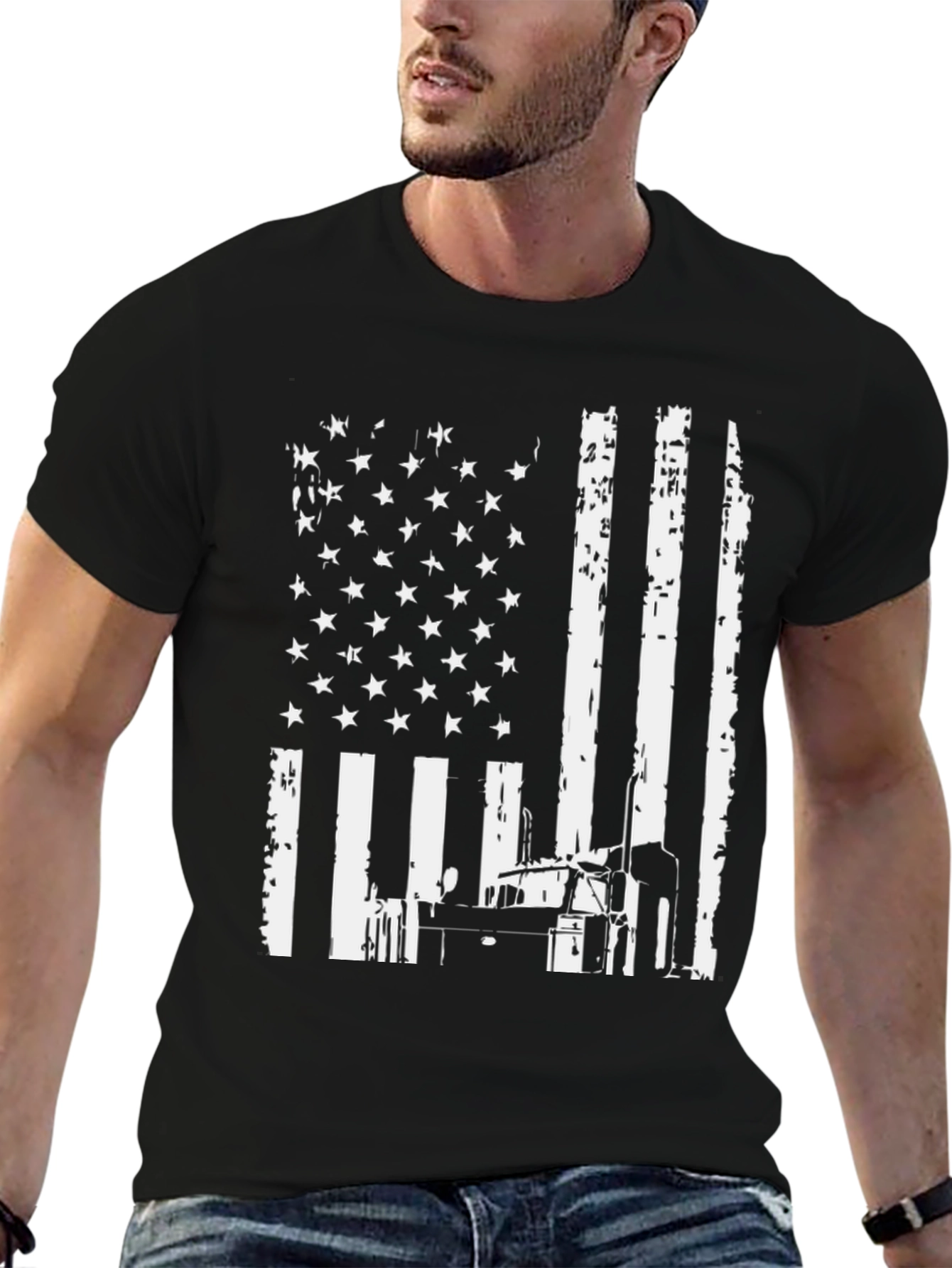 Black American Flag Trucker T-Shirt view 6