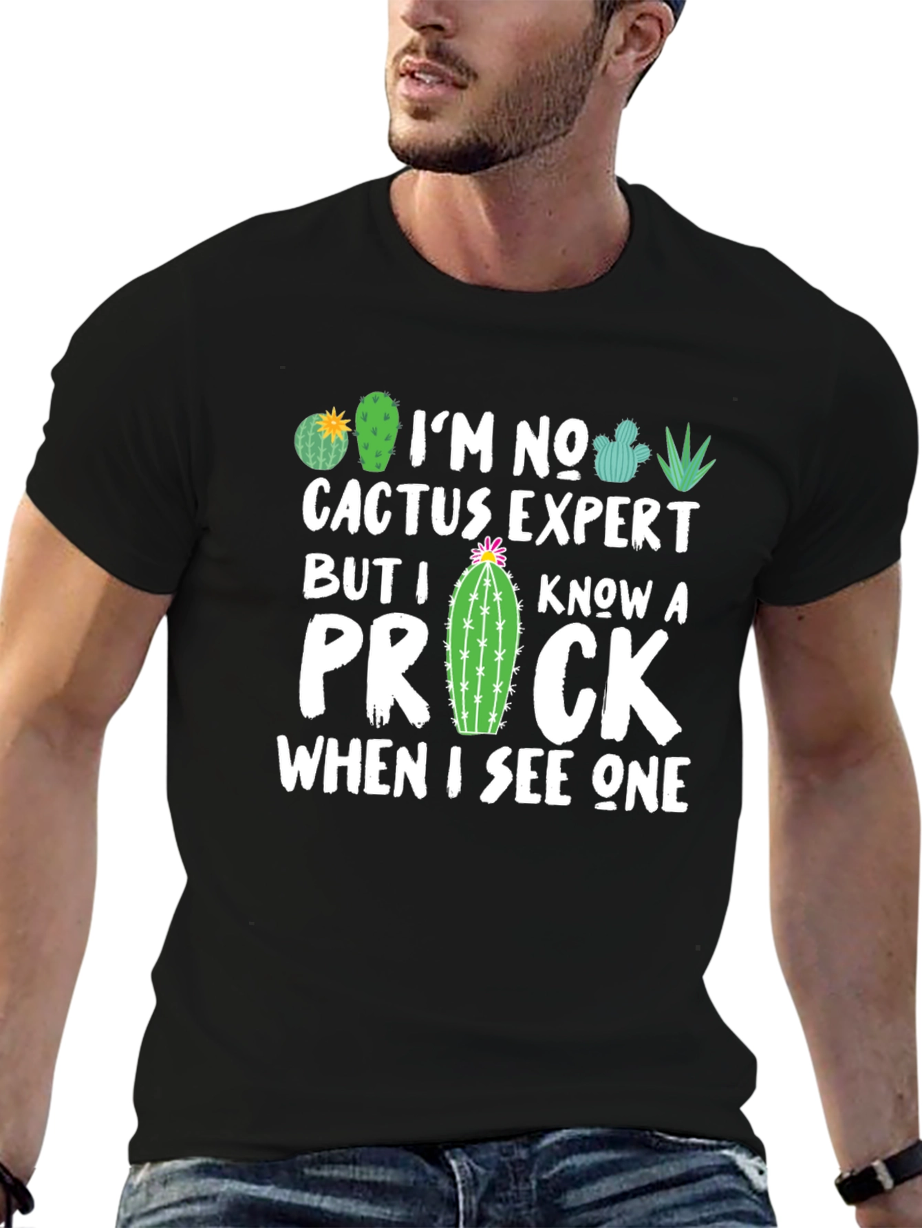 Black Funny Cactus Expert Graphic T-Shirt view 6