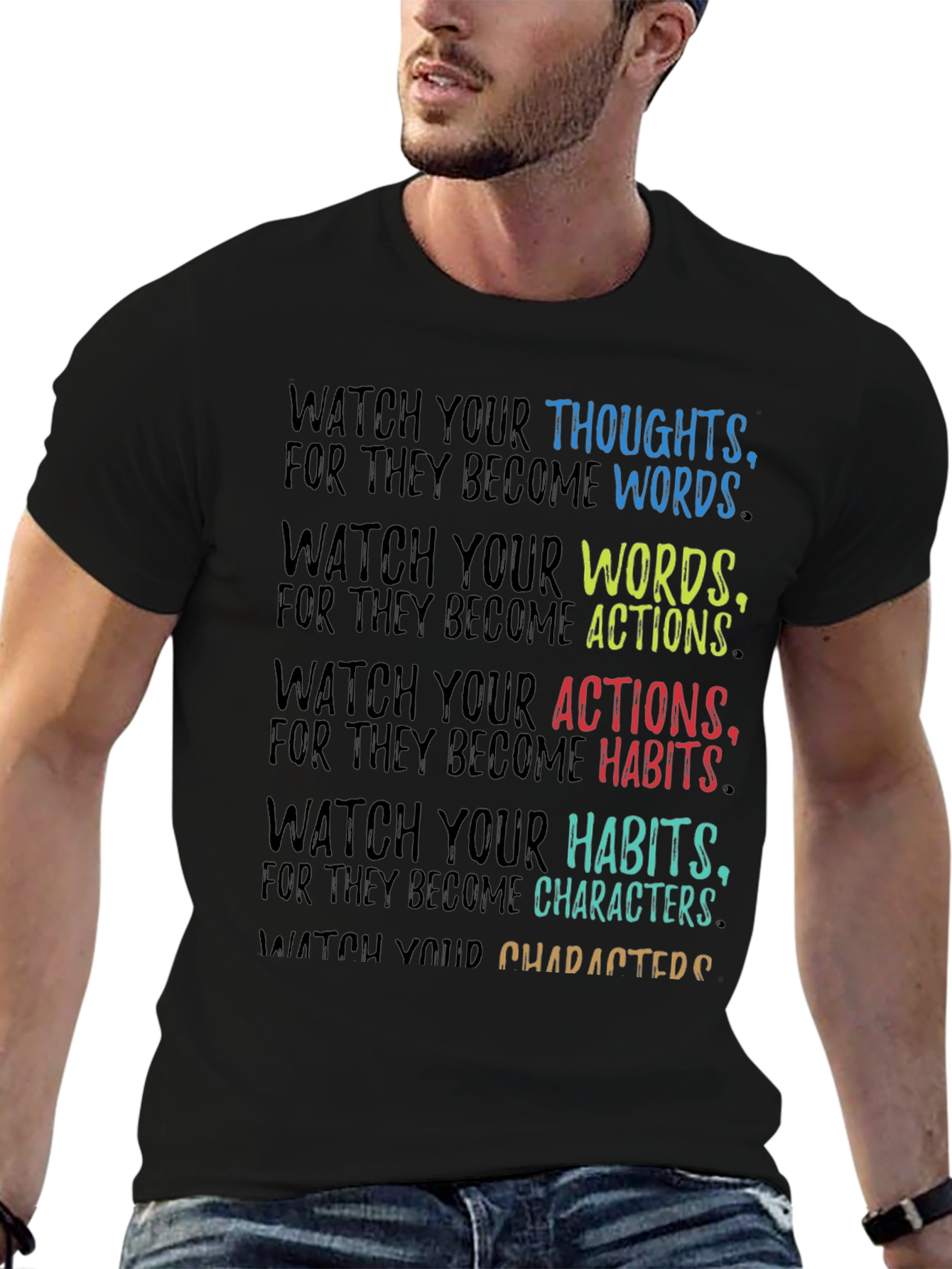 Black Inspirational Quote T-Shirt - Watch Your Thoughts view 6