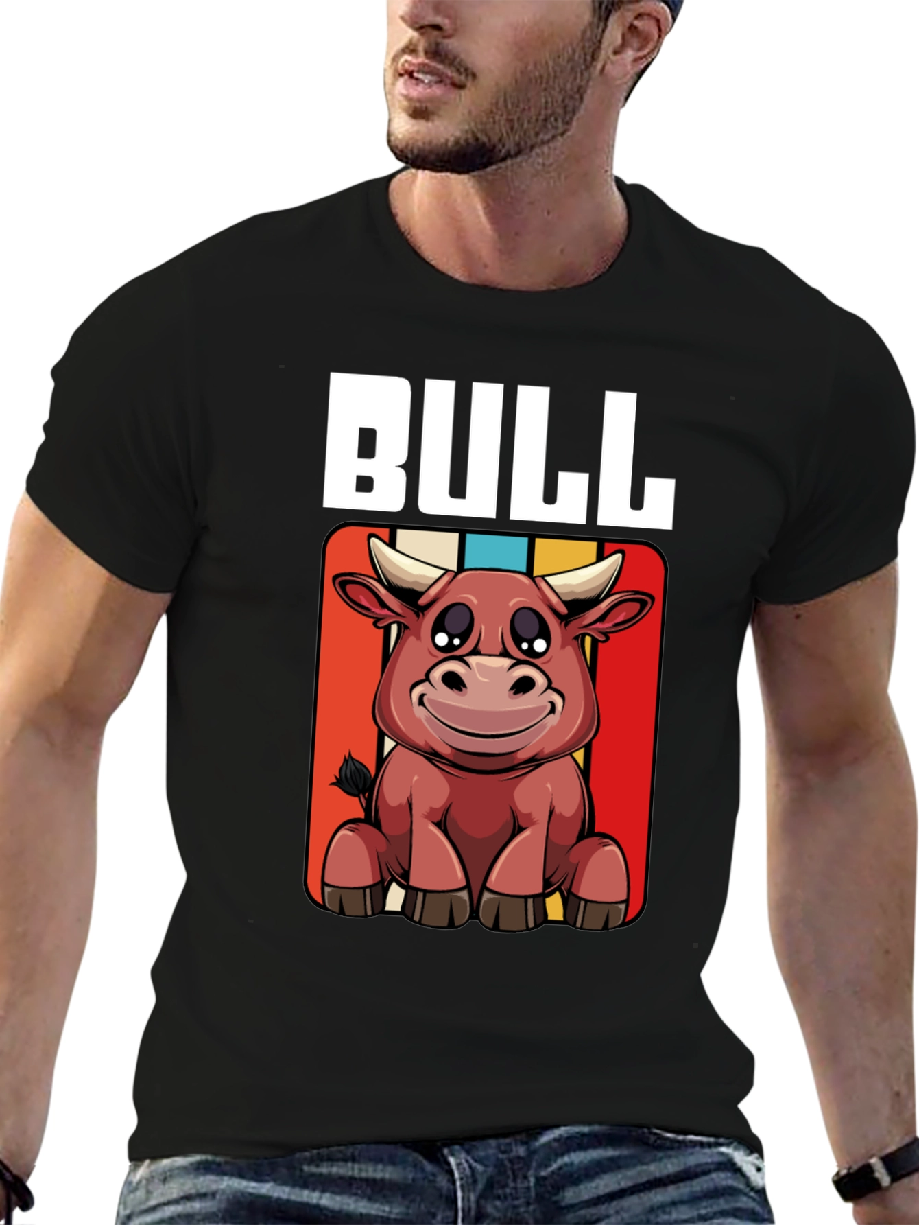 Black Bull Cartoon Graphic Tee - Black Cotton T-Shirt view 6