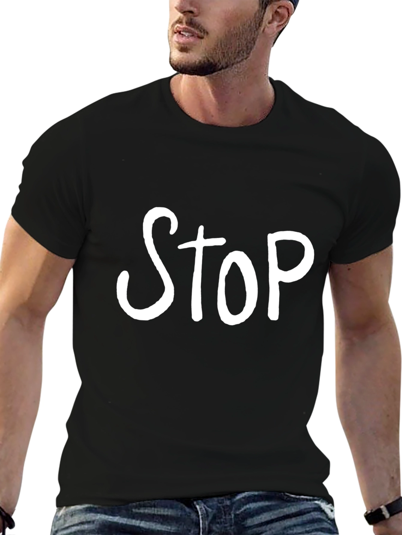 Black STOP Graphic Tee - Trendy Black T-Shirt view 6