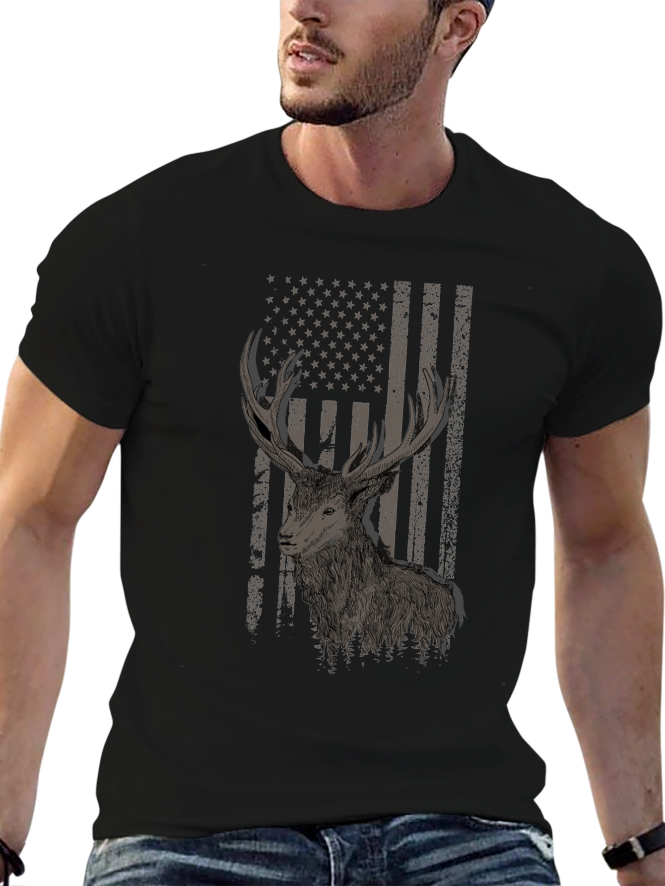 Black Deer Flag Graphic Tee - Black Cotton Blend view 6