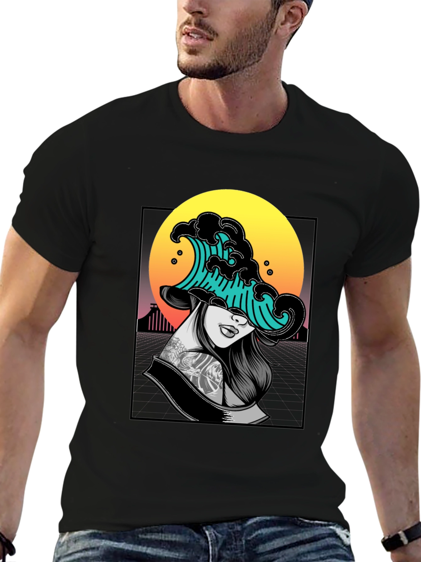 Black Wave Woman Graphic Tee - Unique Black T-Shirt view 6