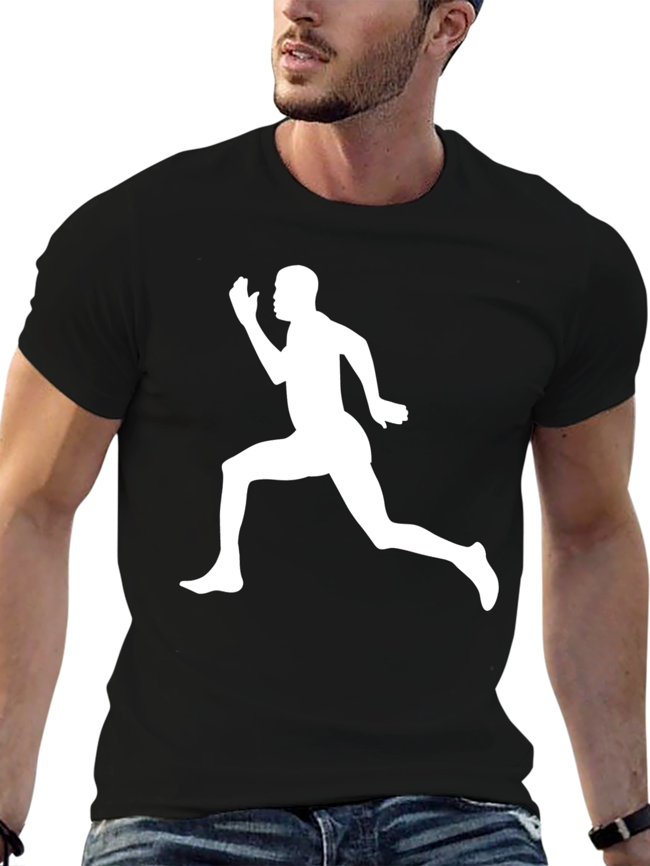 Black Men's Black T-Shirt with Running Man Graphic view 6