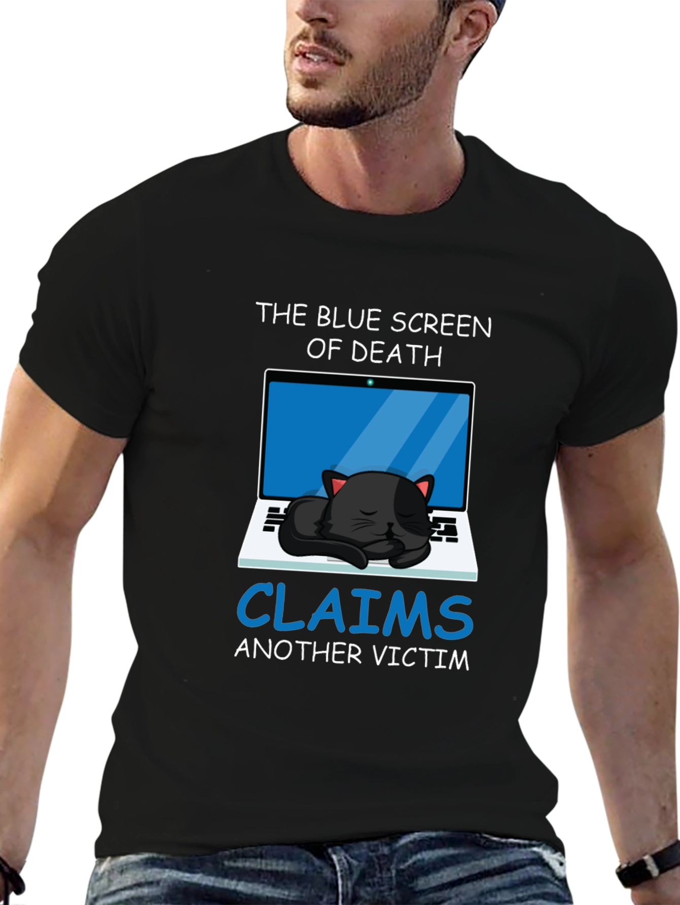 Black Blue Screen Cat T-Shirt - Funny Computer Geek Tee view 6