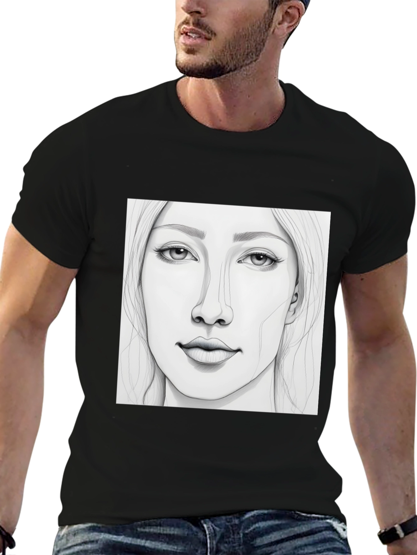 Black Sketch Portrait Black T-Shirt view 6