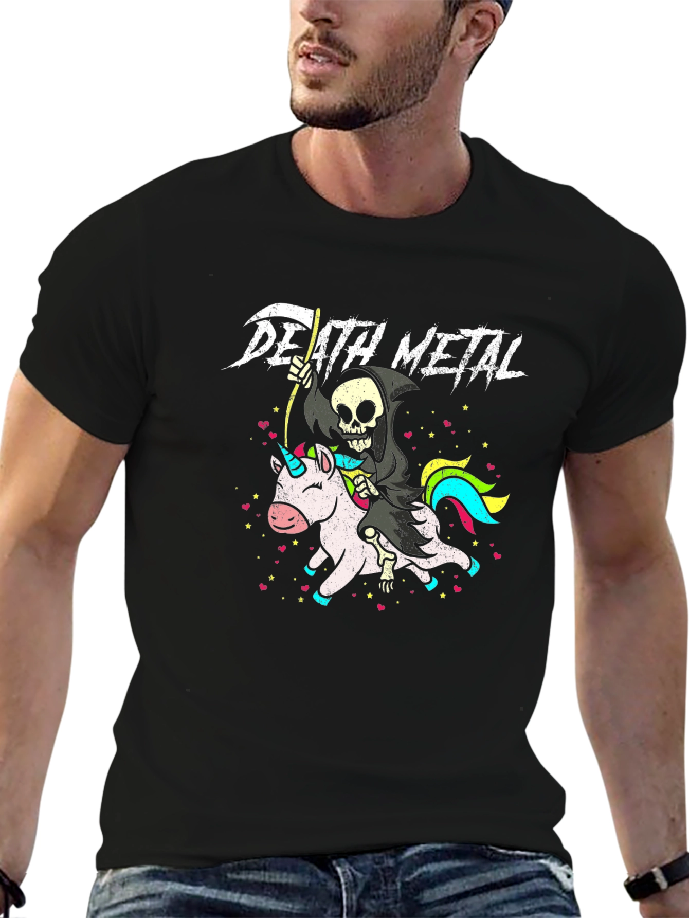 Black Death Metal Grim Reaper Unicorn Graphic T-Shirt view 6