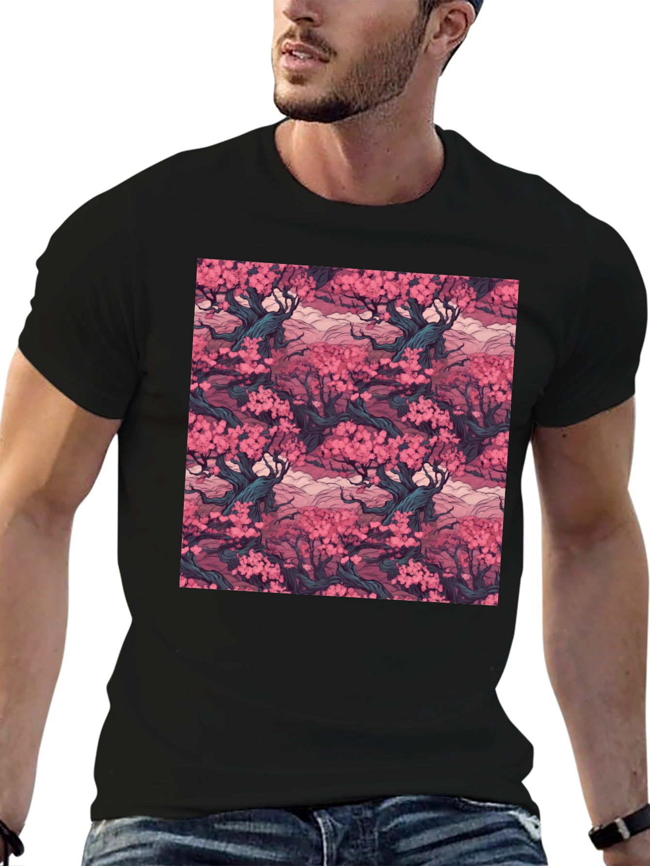 Black Cherry Blossom T-Shirt, Black, Relaxed Fit view 6