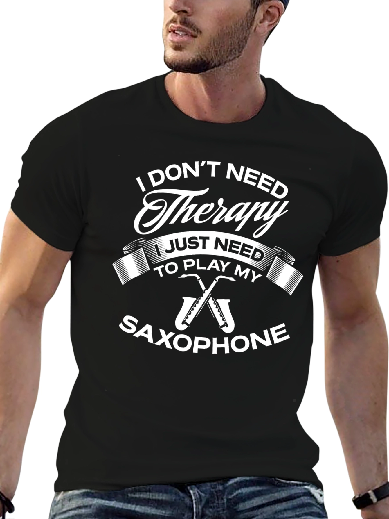Black Saxophone Therapy T-Shirt - Musician's Apparel view 6