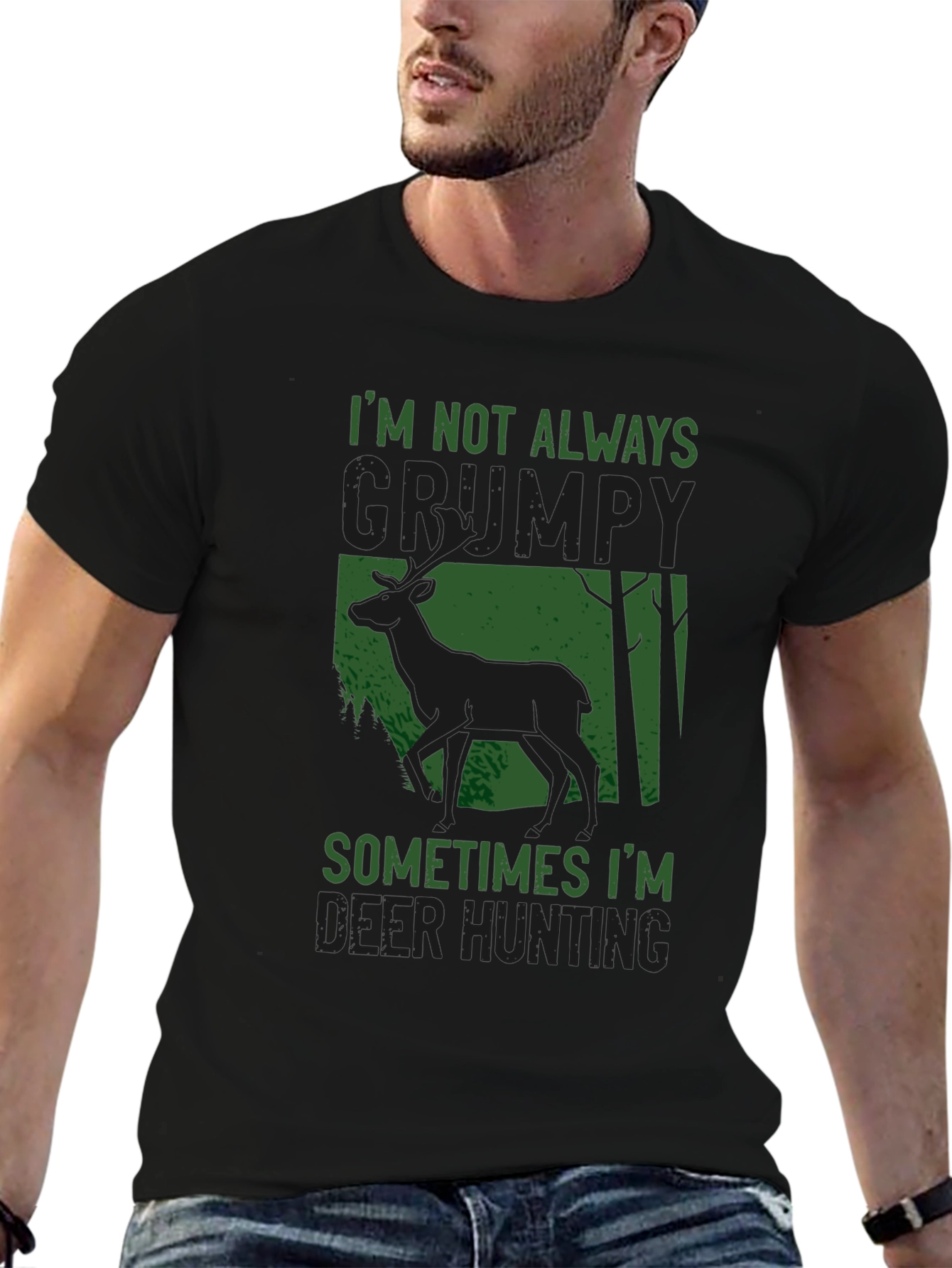 Black Grumpy Deer Hunting T-Shirt: Funny Graphic Tee view 6