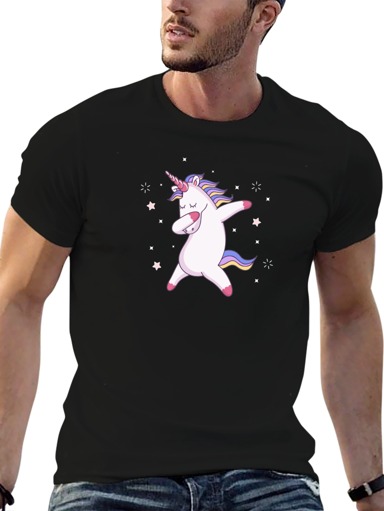 Black Dabbing Unicorn Graphic Tee - Men's Black T-Shirt view 6