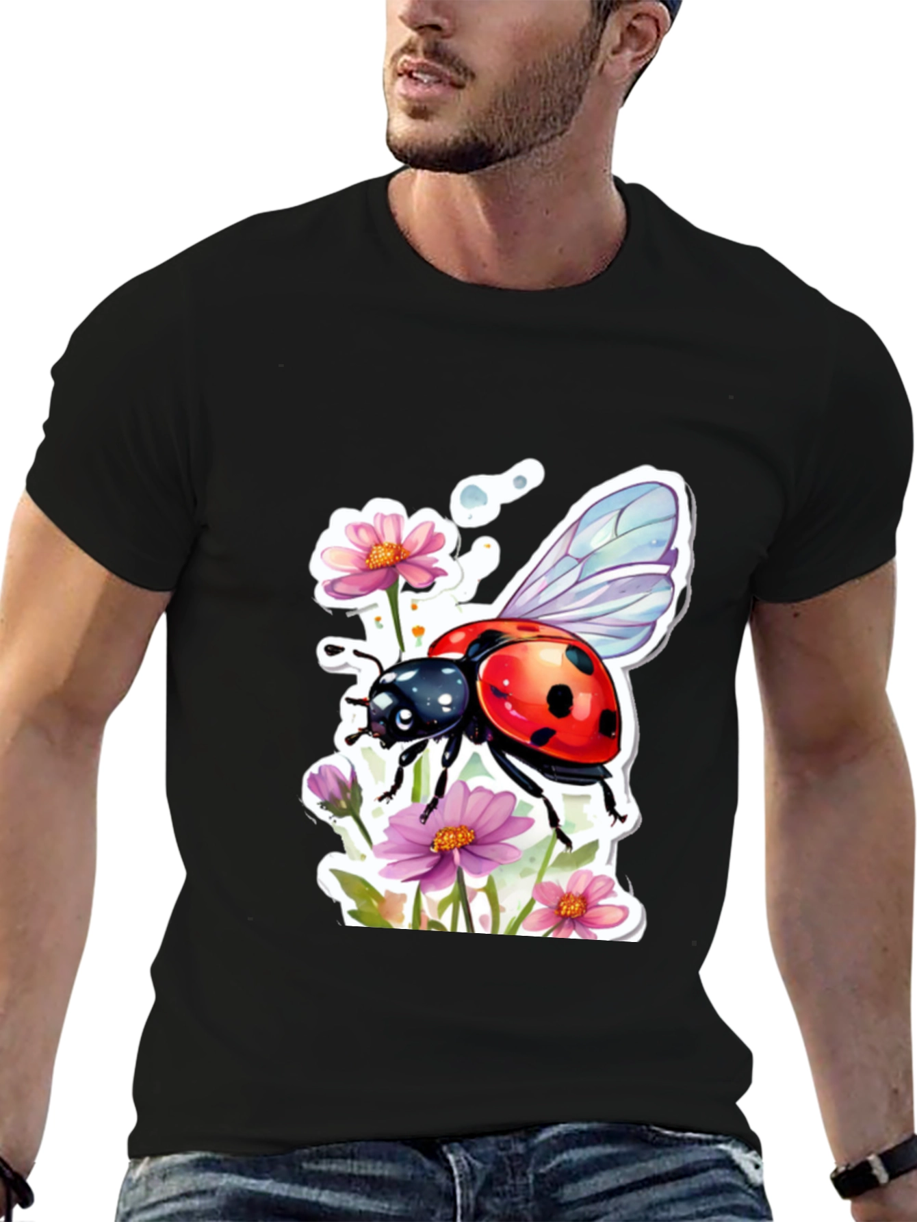 Black Ladybug & Floral Graphic Tee - Trendy Black T-Shirt view 6