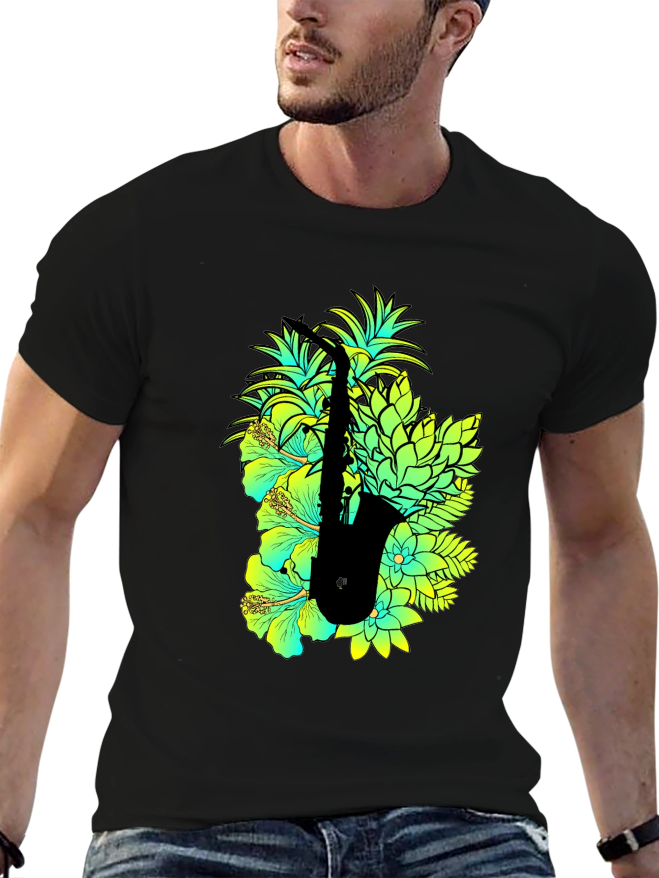 Black Tropical Saxophone Graphic Black T-Shirt view 6