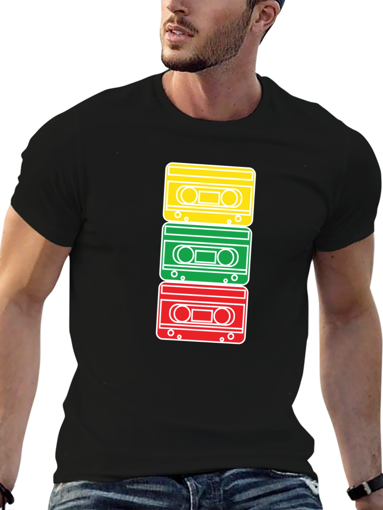 Black Retro Cassette Tape Stack Graphic T-Shirt view 6
