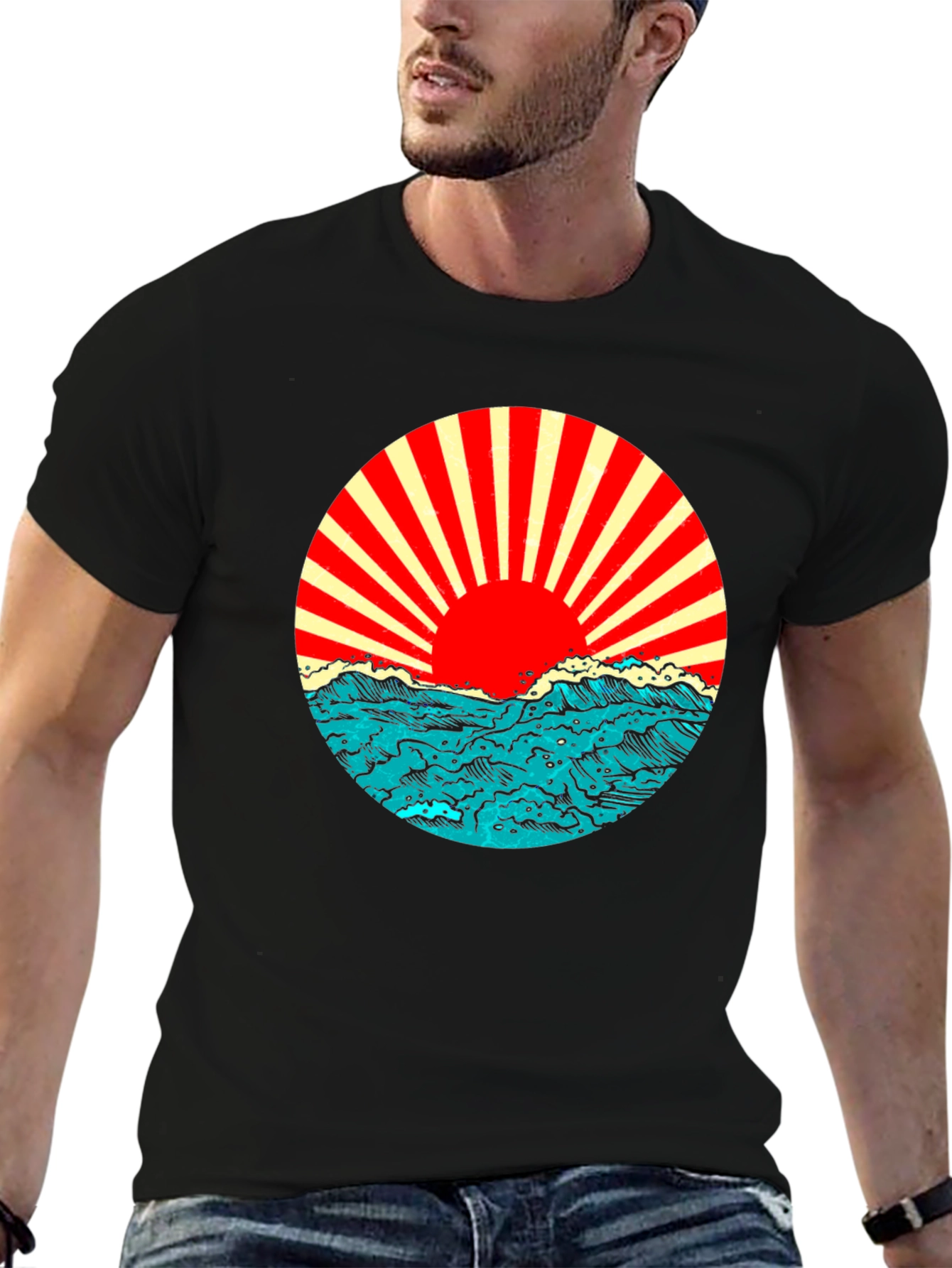 Black Rising Sun Ocean Wave Graphic Tee - Black view 6