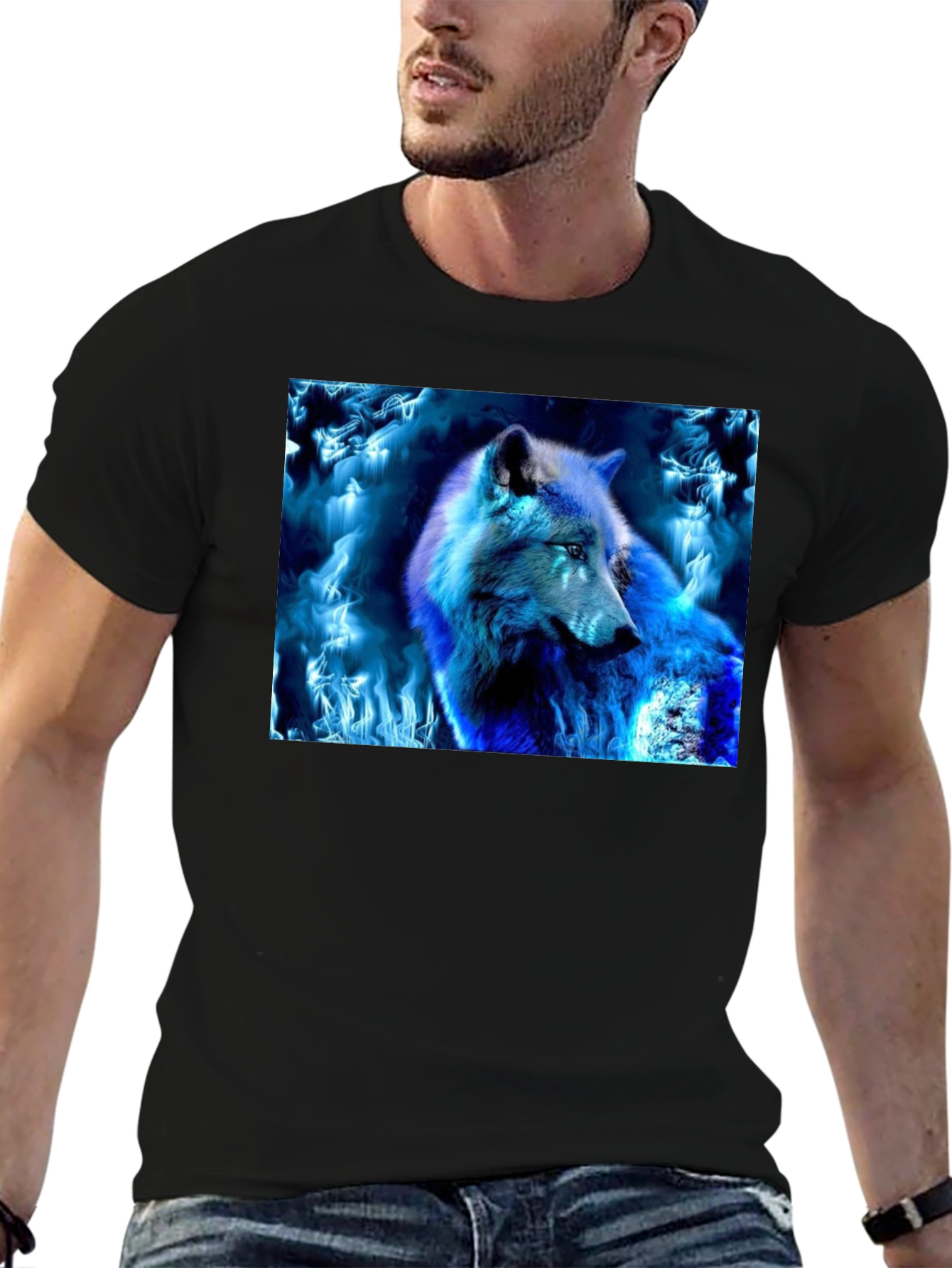 Black Blue Fire Wolf Graphic Tee - Black Cotton Blend view 6