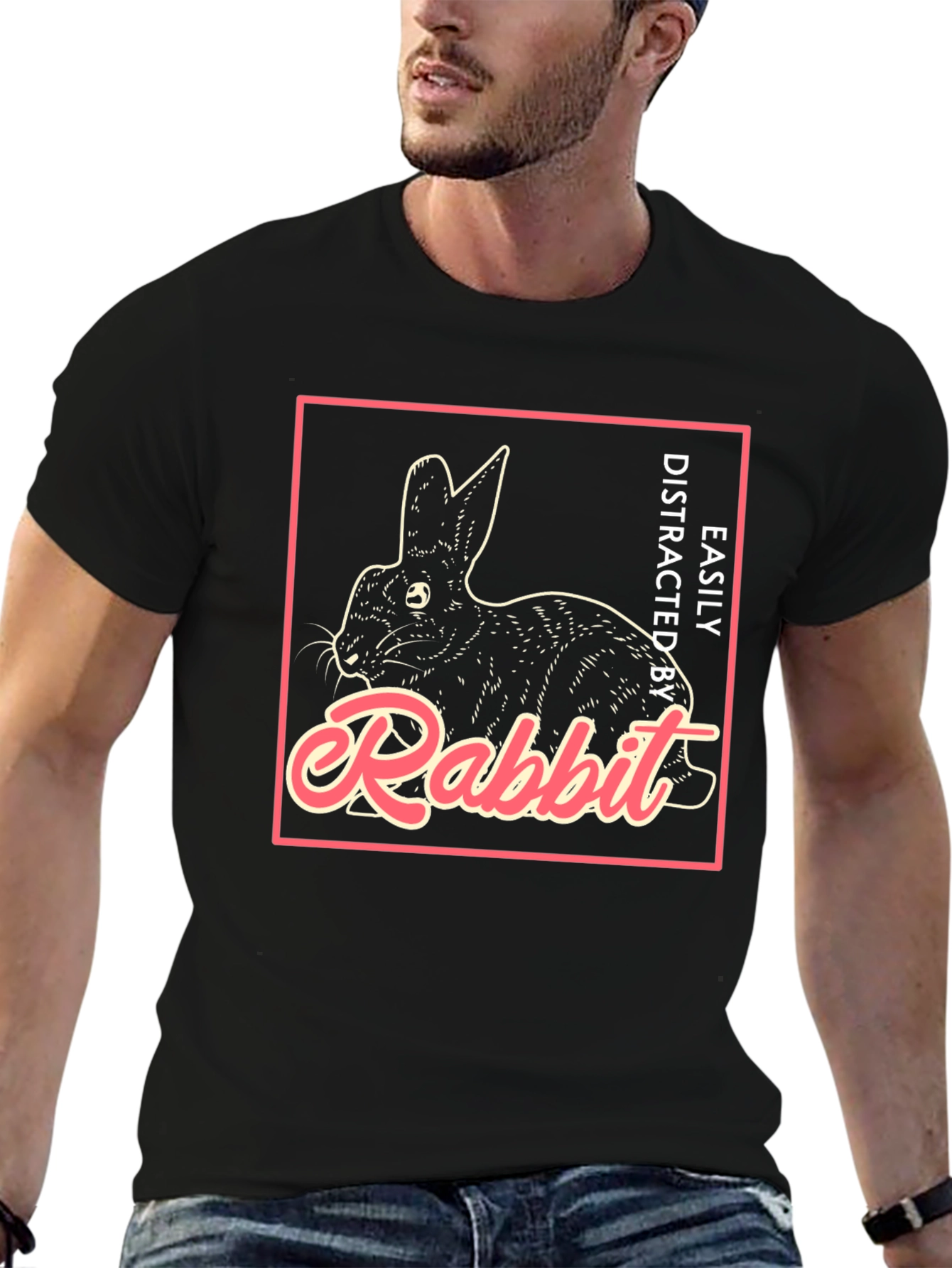 Black Easily Distracted by Rabbit T-Shirt view 6