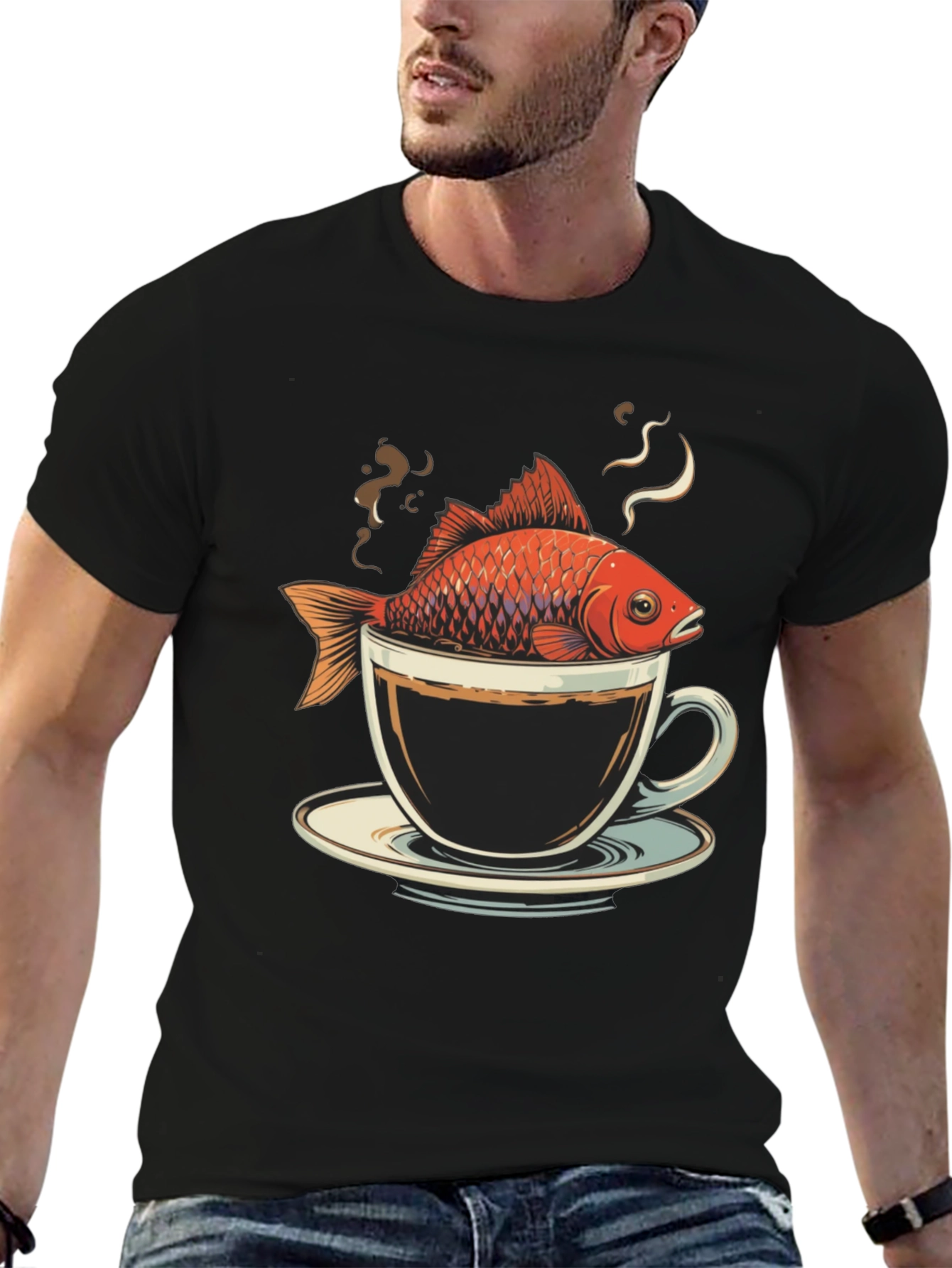 Black Fish in Coffee Cup T-Shirt - Unique Graphic Tee view 6