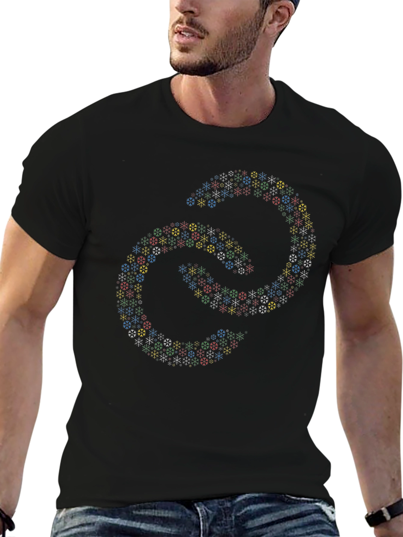Black Abstract Linked Snowflake Pattern Black T-Shirt view 6