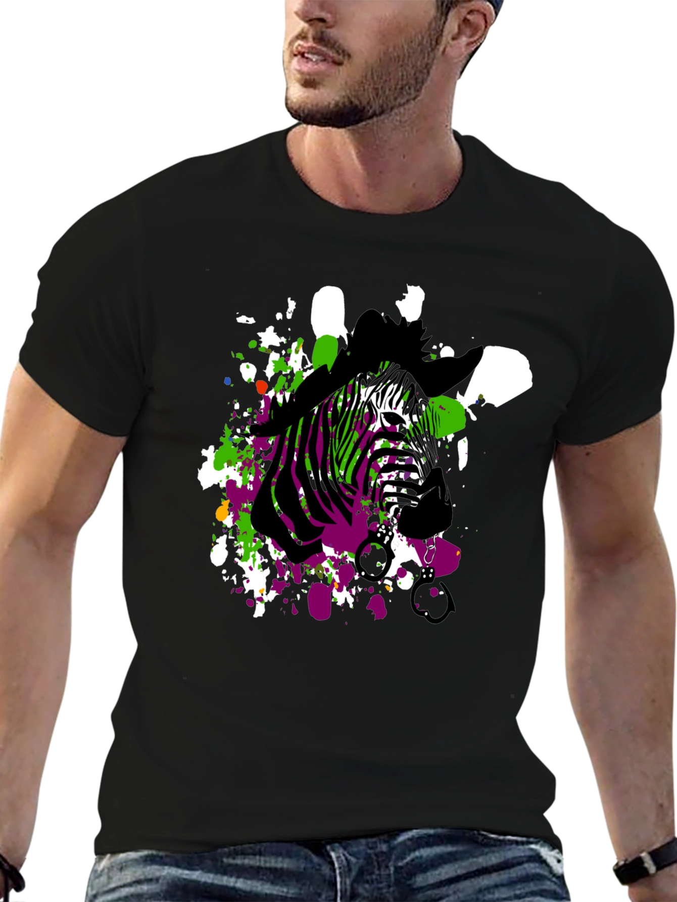 Black Zebra Art Men's Black T-Shirt view 6