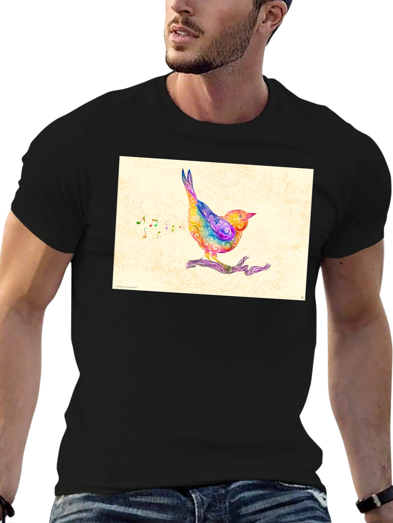Black Rainbow Bird Music Note Graphic Tee view 6