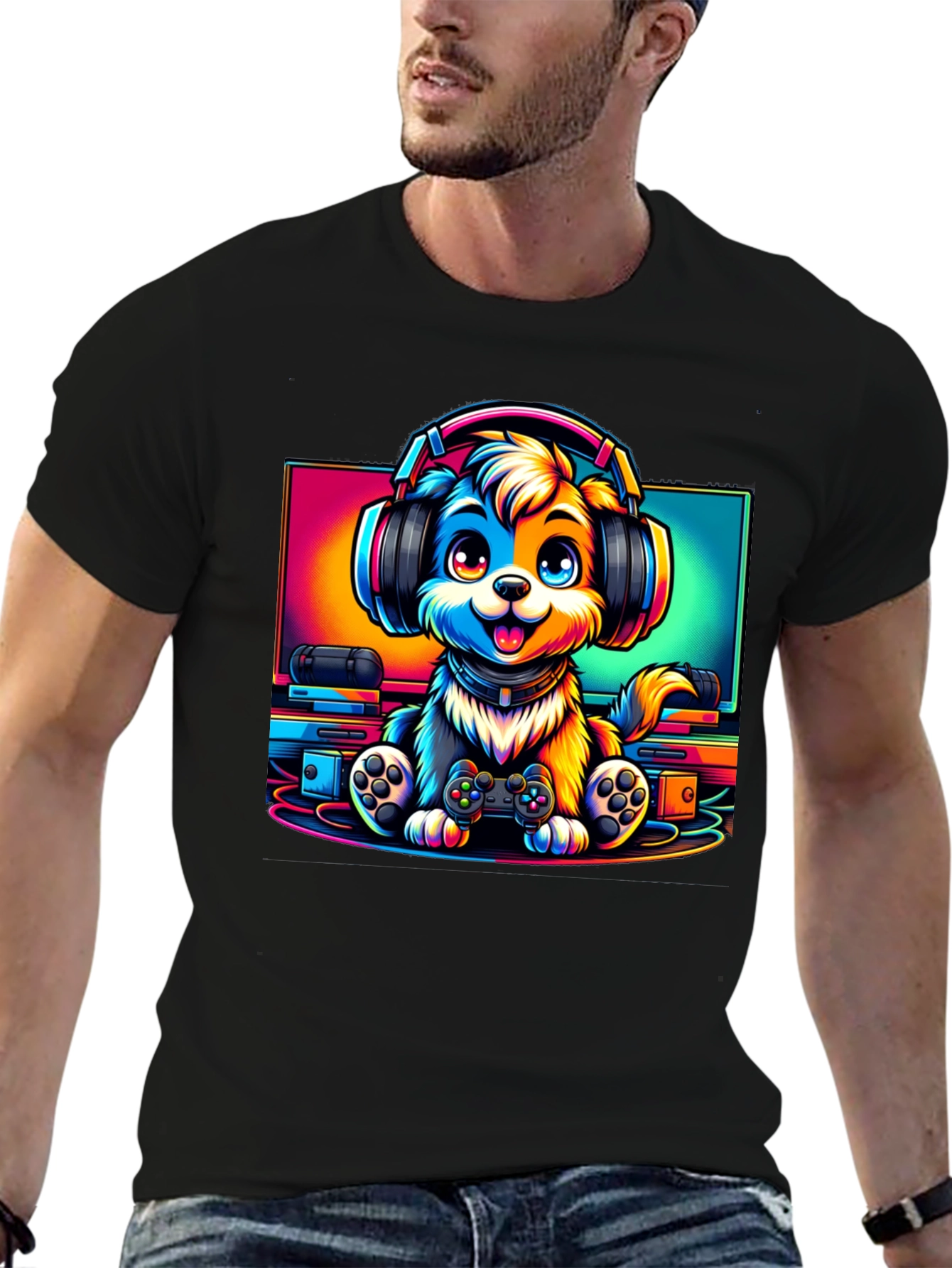 Gamer Dog Graphic T-Shirt - Black Cotton Tee - 6