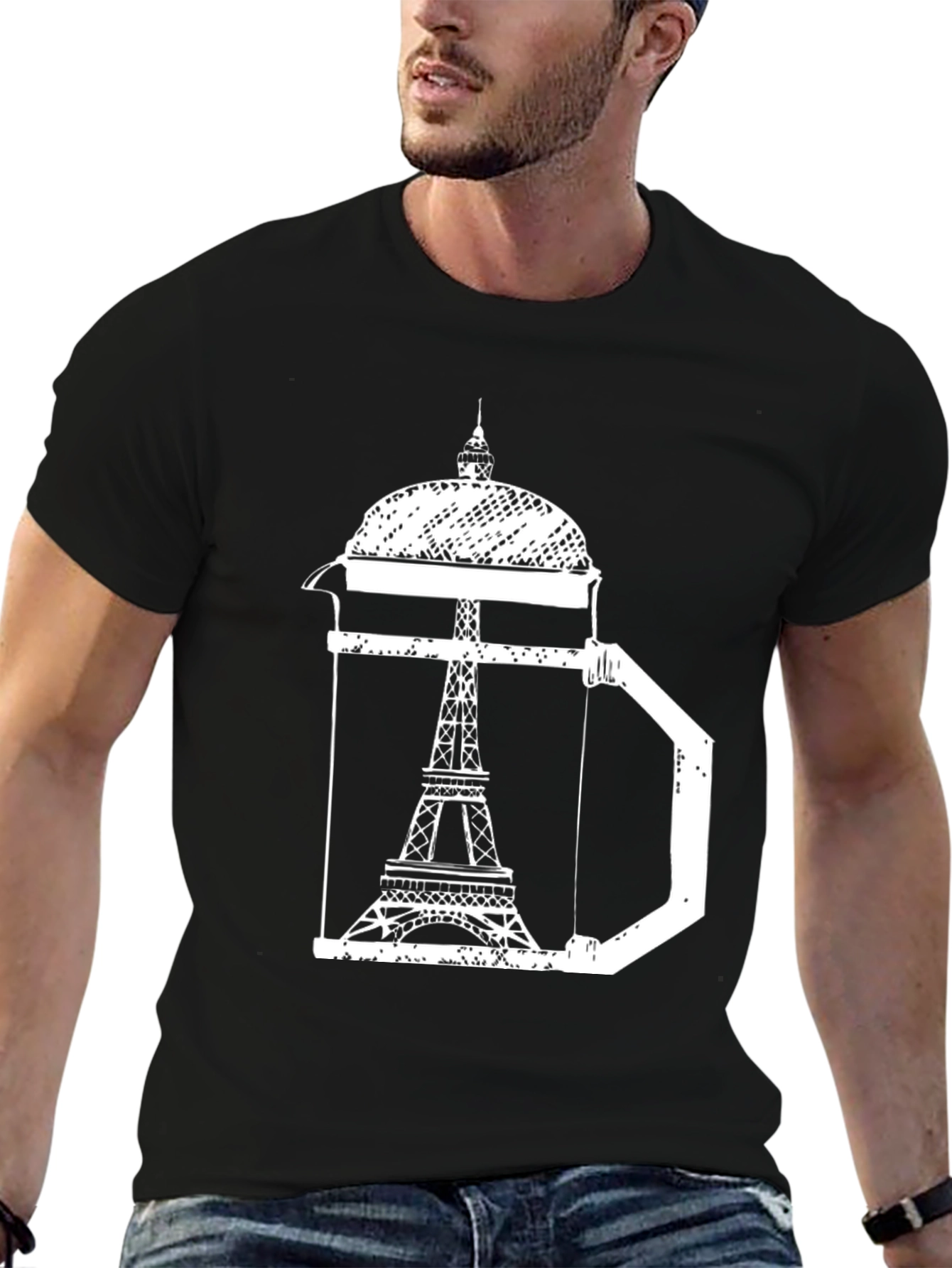 Black Eiffel Tower Coffee Press T-Shirt - Paris Graphic Tee view 6