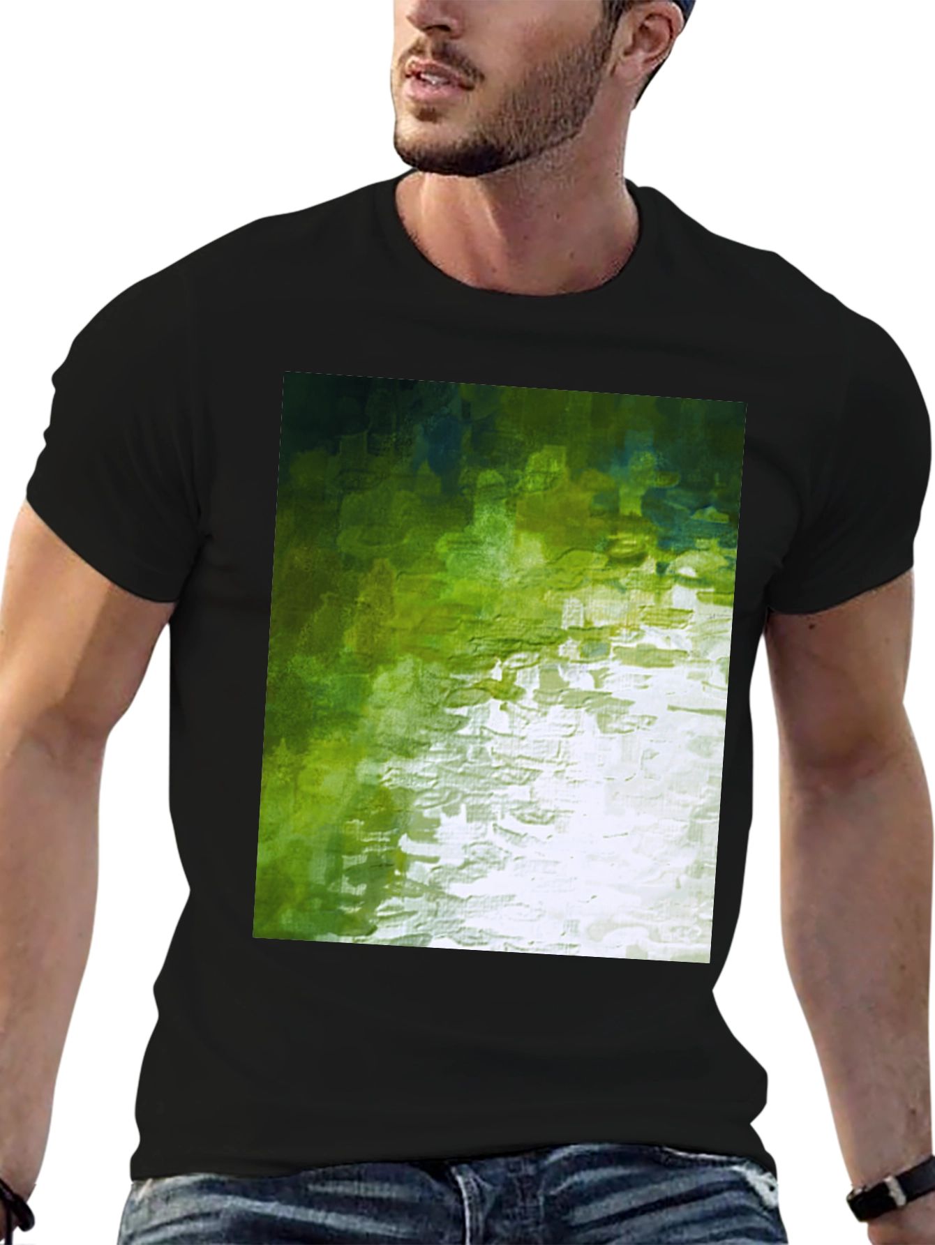 Black Abstract Green Graphic Print Crewneck T-Shirt view 6