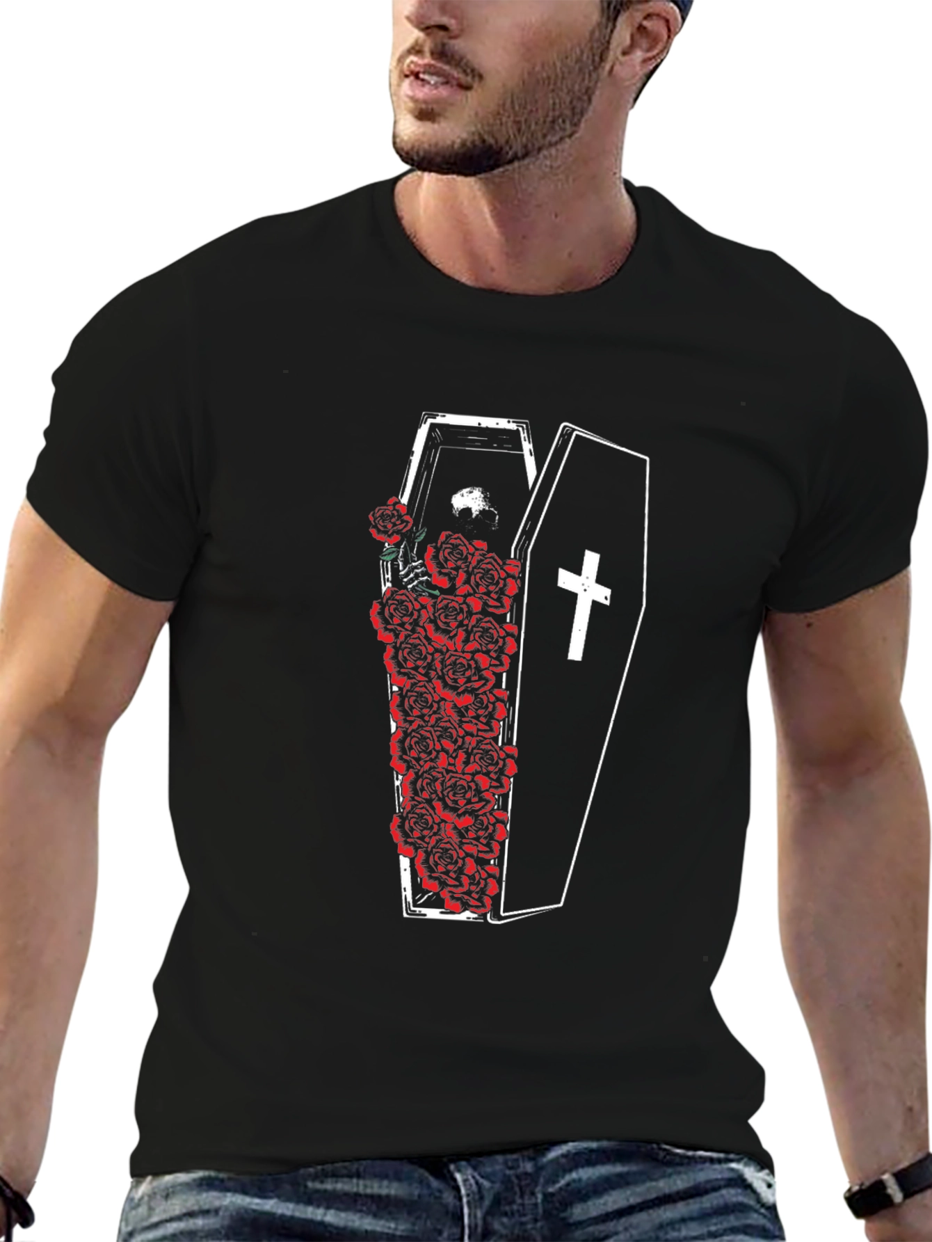 Black Coffin & Roses Graphic Tee - Unisex Black T-Shirt view 6