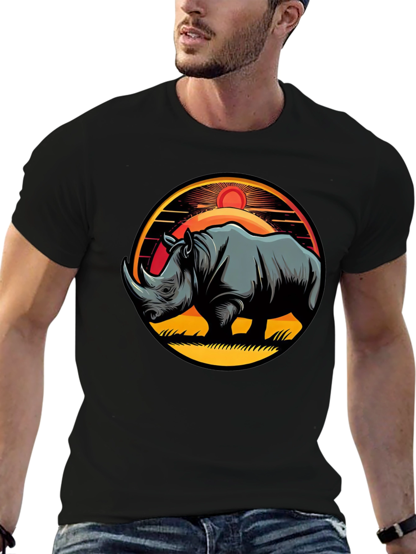 Black Rhino Sunset Graphic Tee - Stylish Men's Black T-Shirt view 6