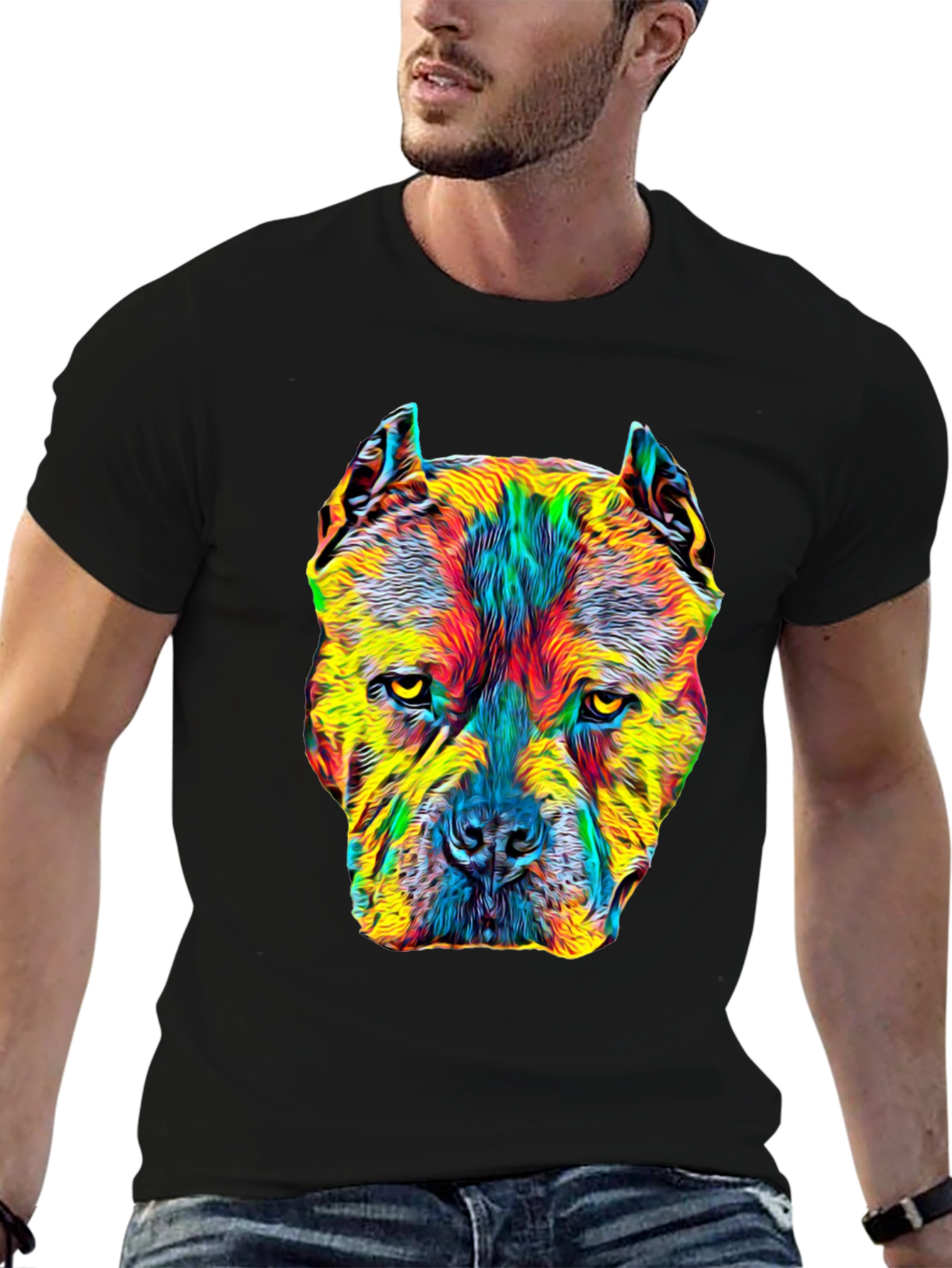 Black Colorful Pitbull Dog Graphic Print Black T-Shirt view 6