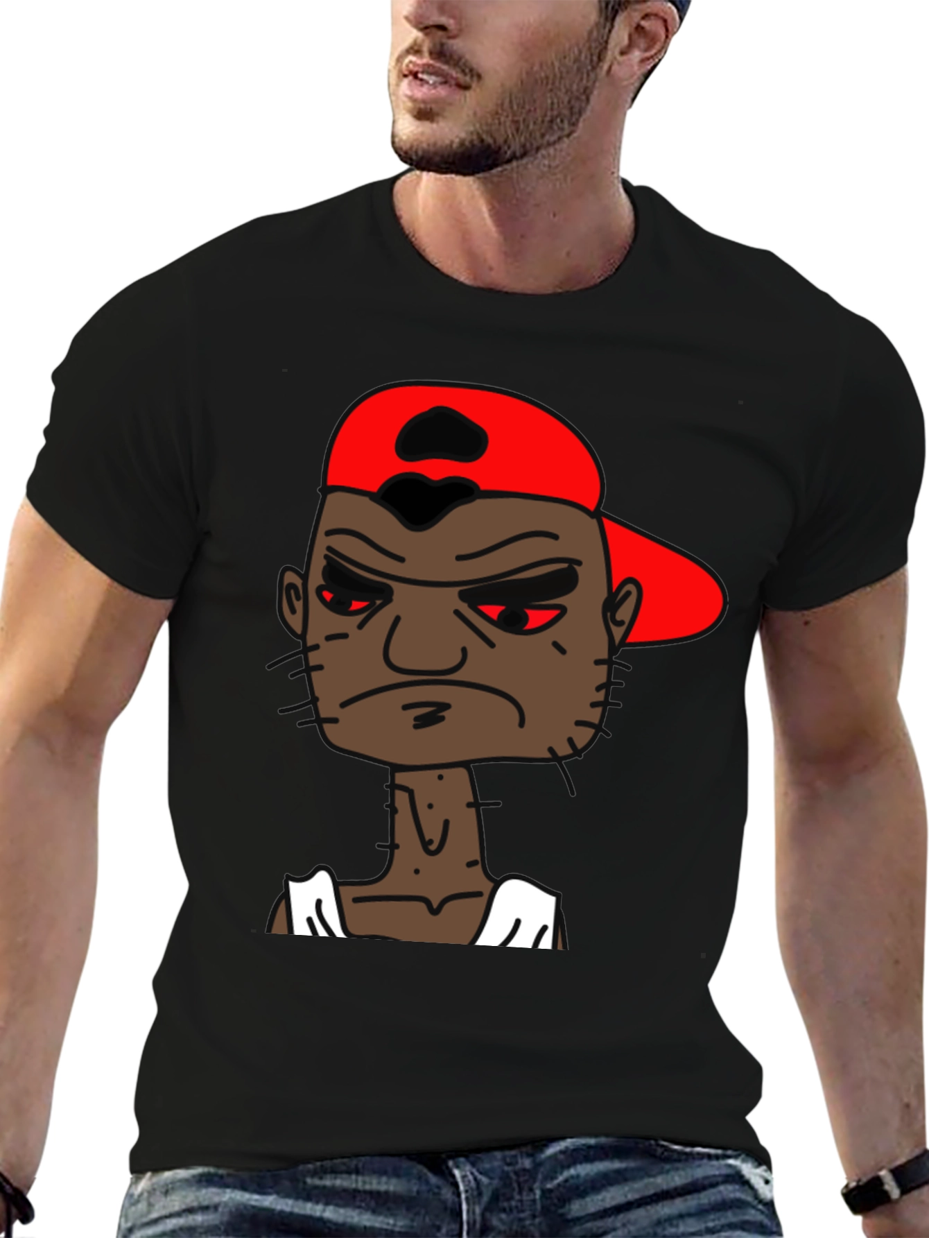 Black Cartoon Character Graphic Tee - Angry Man in Red Hat view 6