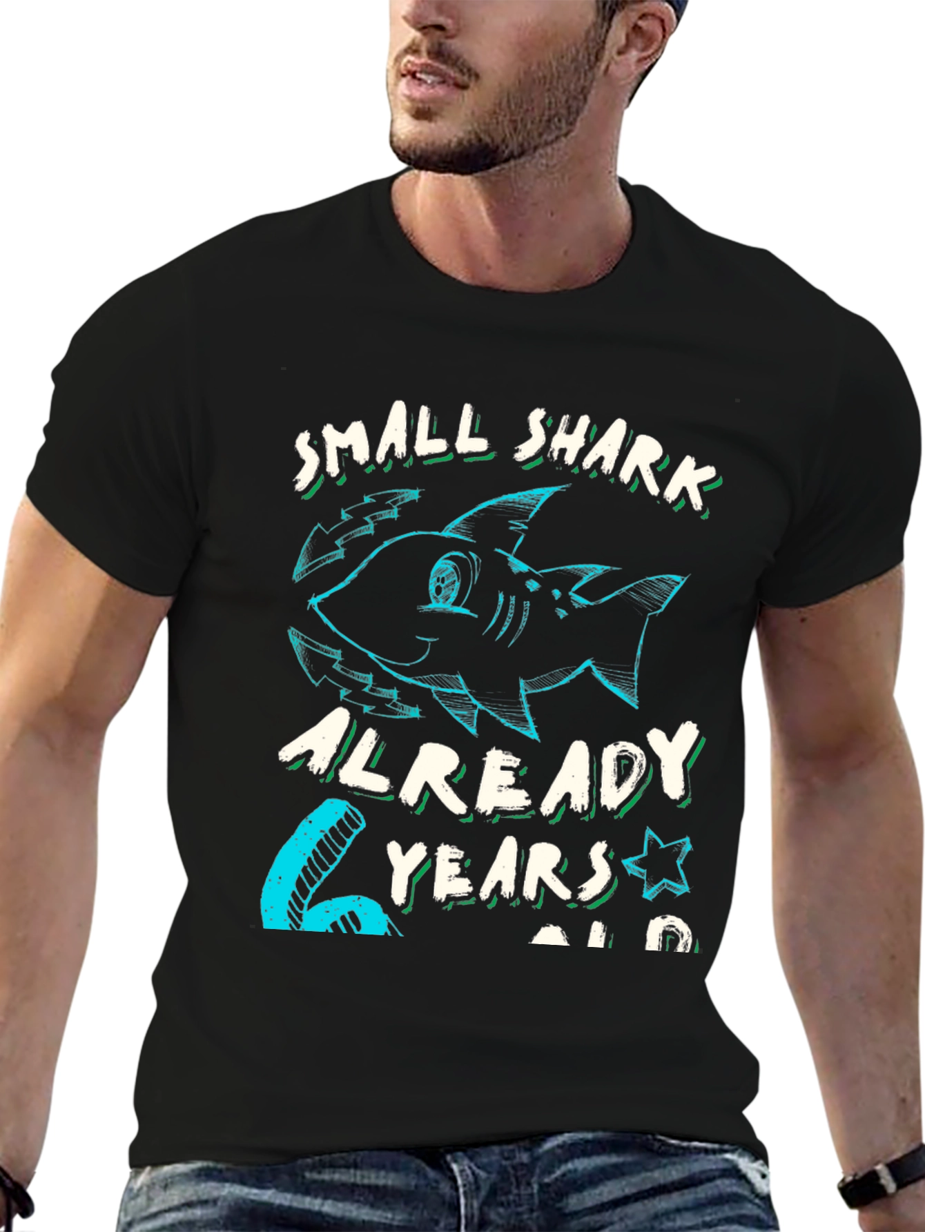 Black Small Shark 6 Years Old Birthday T-Shirt view 6