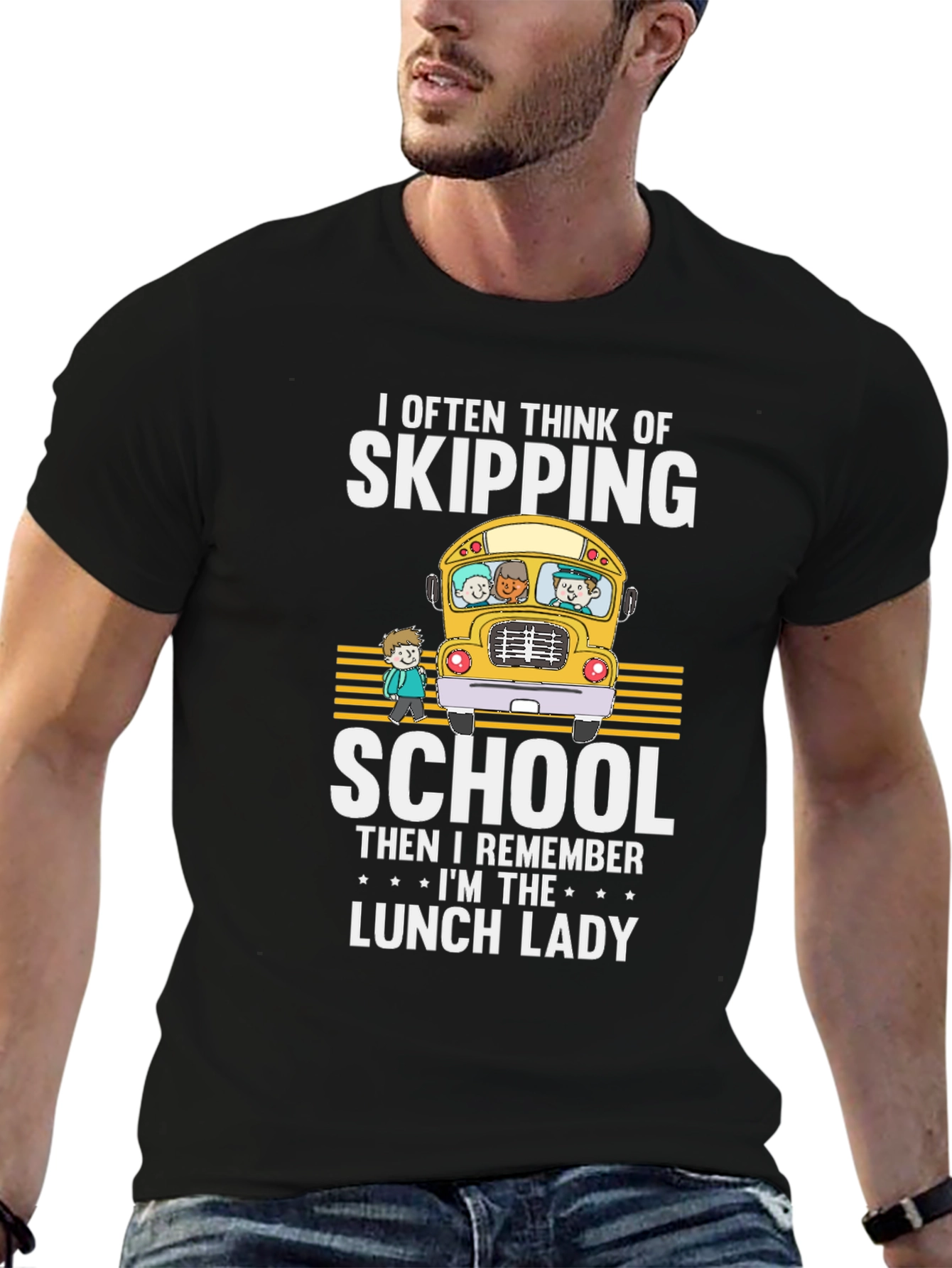 Black Lunch Lady T-Shirt - School Bus Design view 6