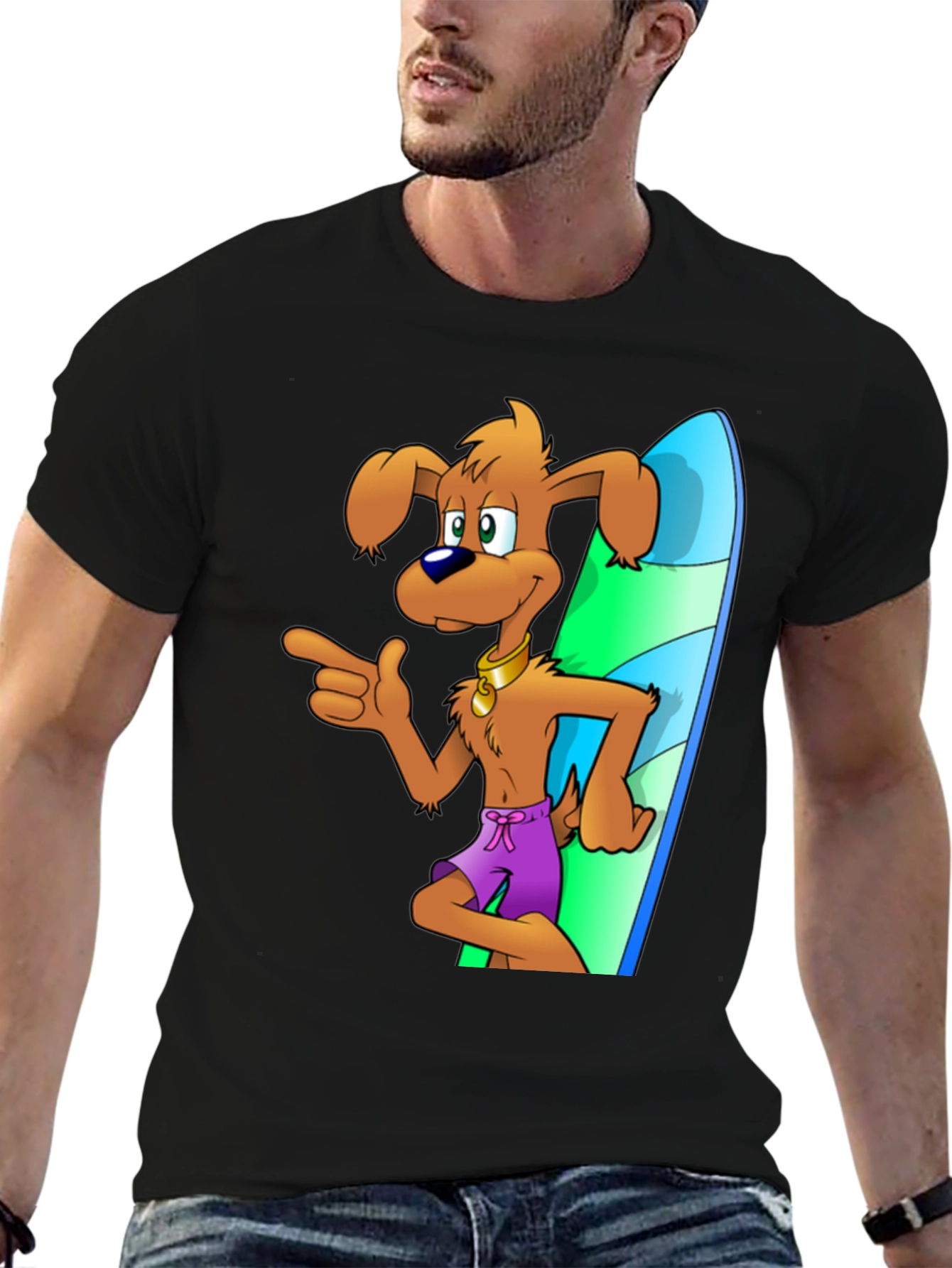 Black Cartoon Dog Surfing T-Shirt view 6