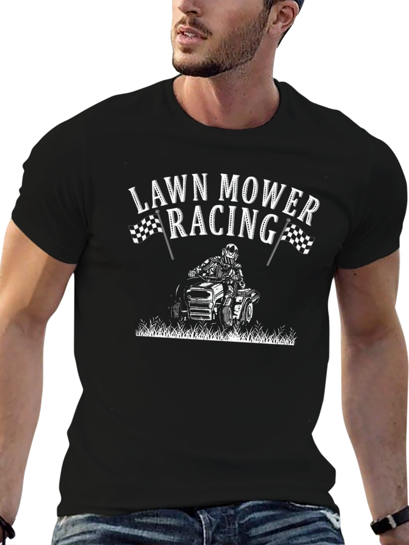 Black Lawn Mower Racing Graphic T-Shirt view 6