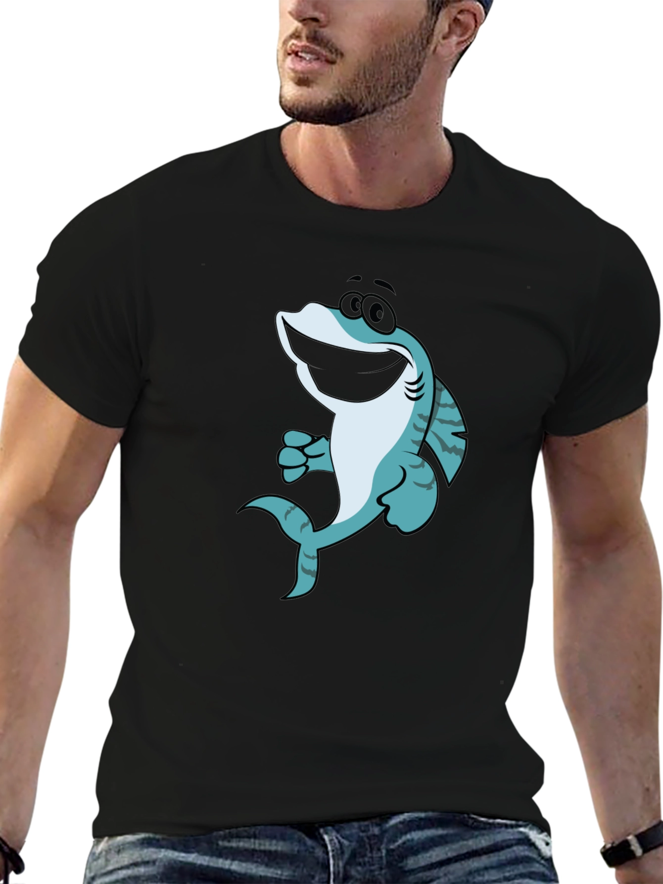 Black Cartoon Shark Graphic T-Shirt - Black view 6