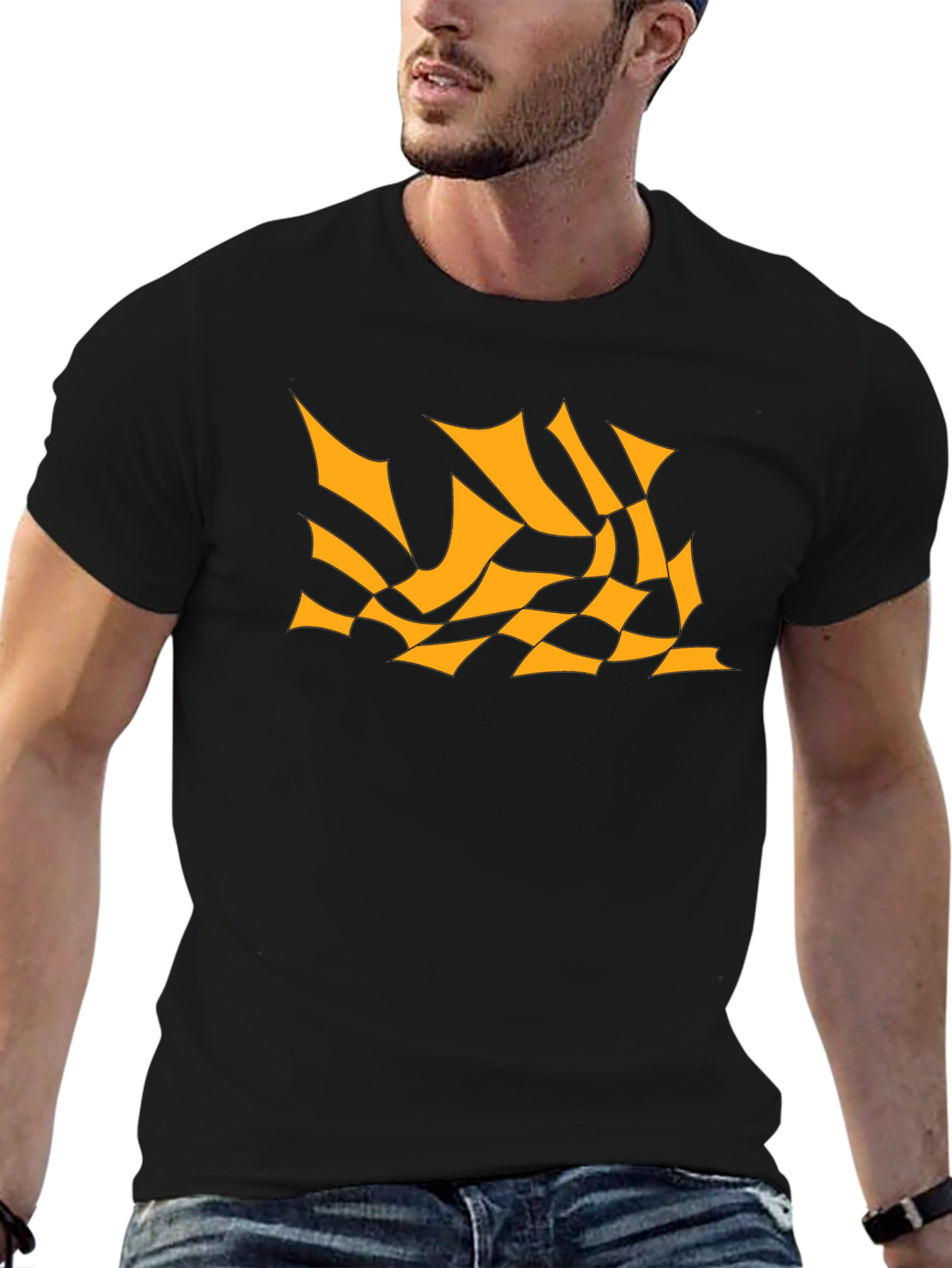 Black Men's Black Tee with Abstract Orange Design view 6