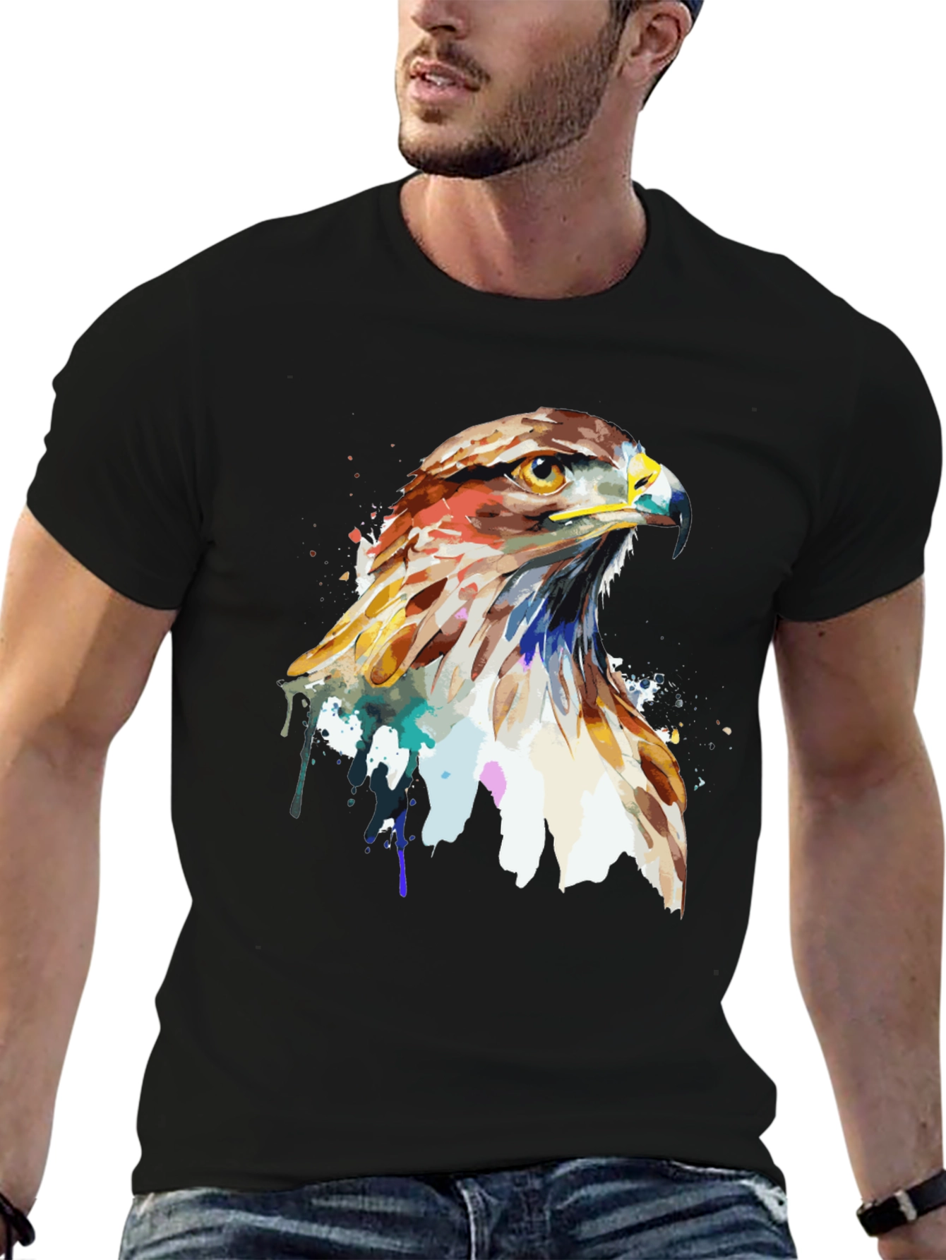 Black Watercolor Hawk Graphic Tee - Men's Black T-Shirt view 6