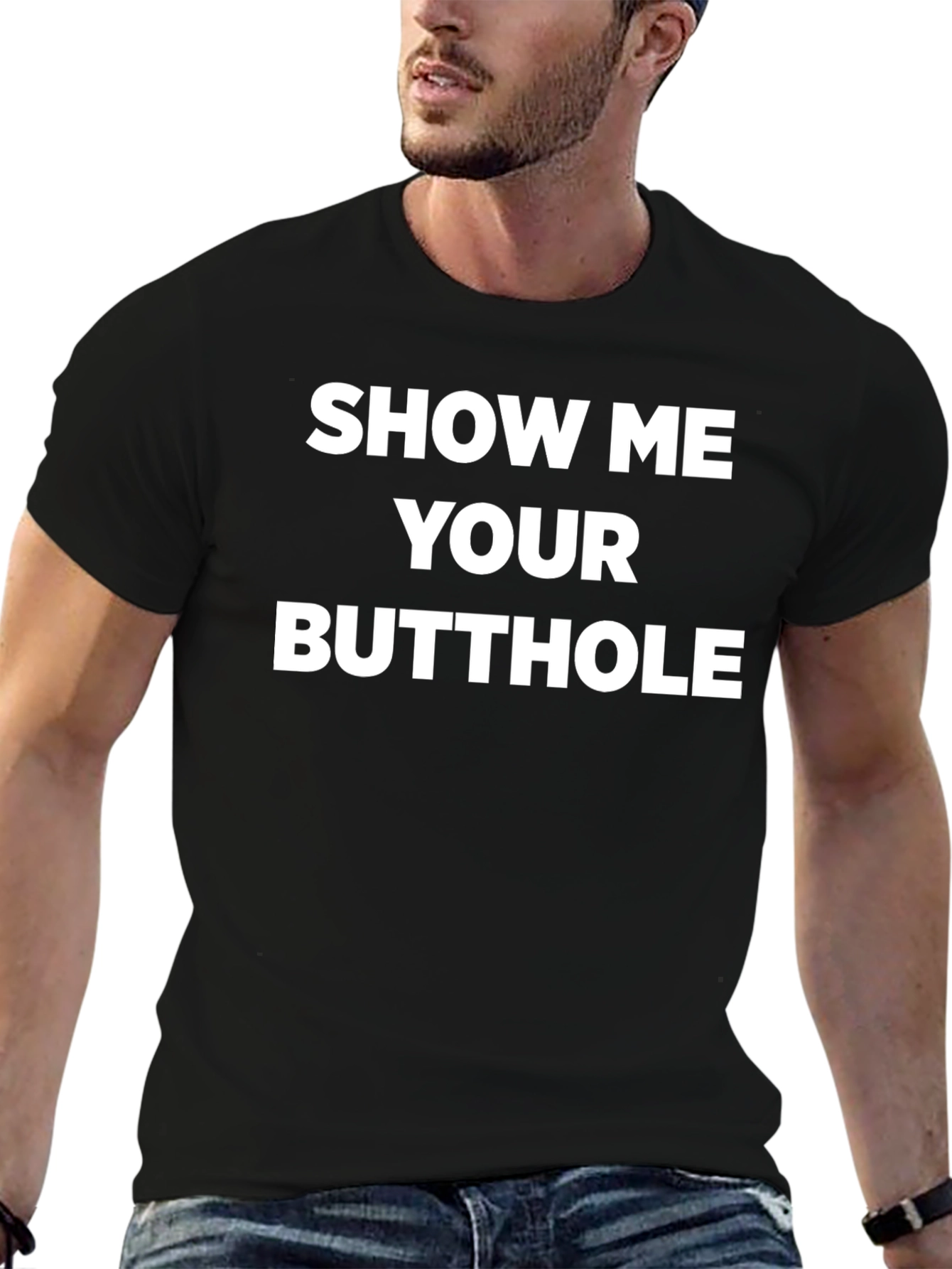 Black Provocative Slogan Tee - "Show Me Your Butthole" view 6