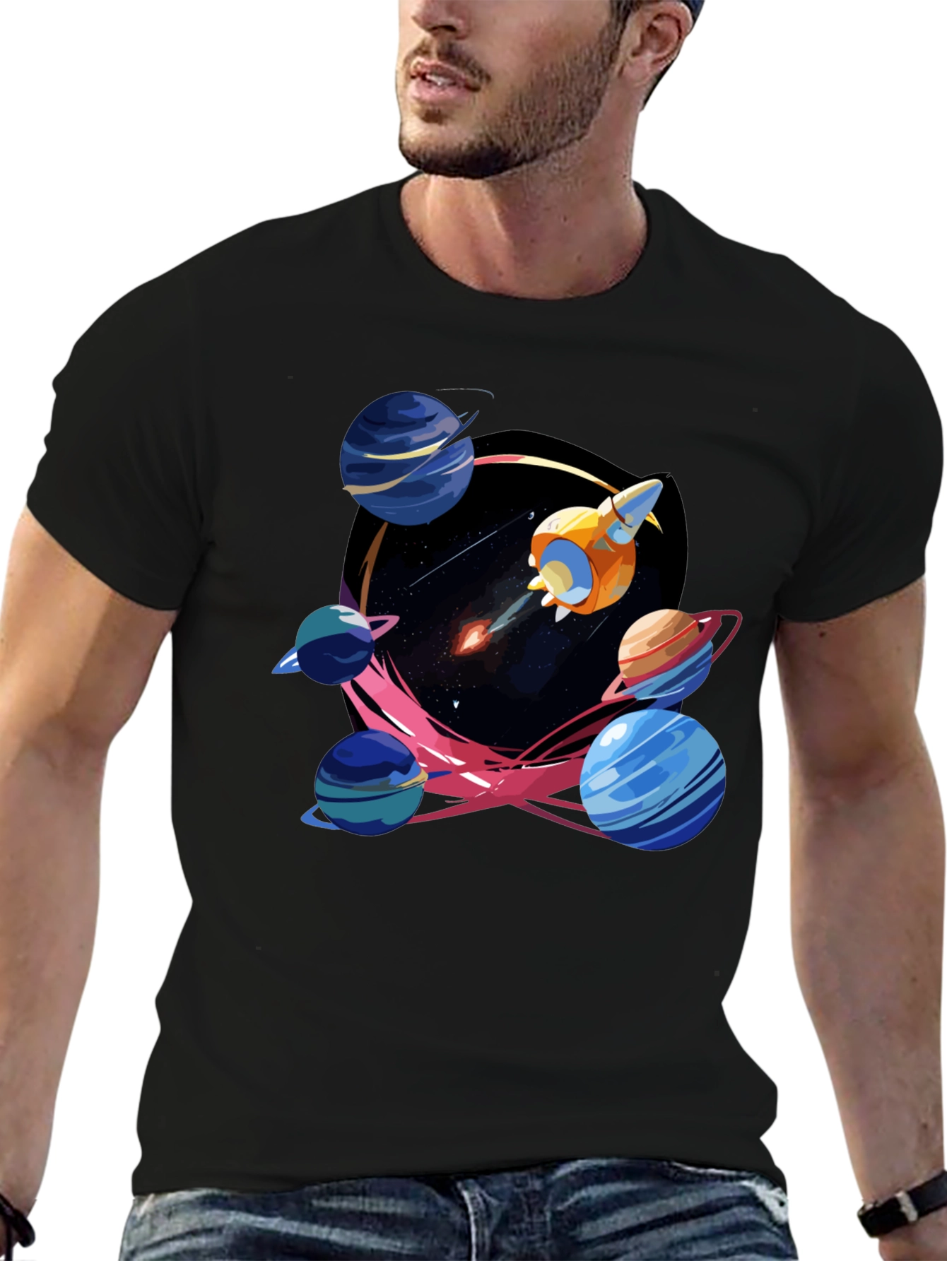 Black Space Adventure T-Shirt: Rocket and Planets view 6