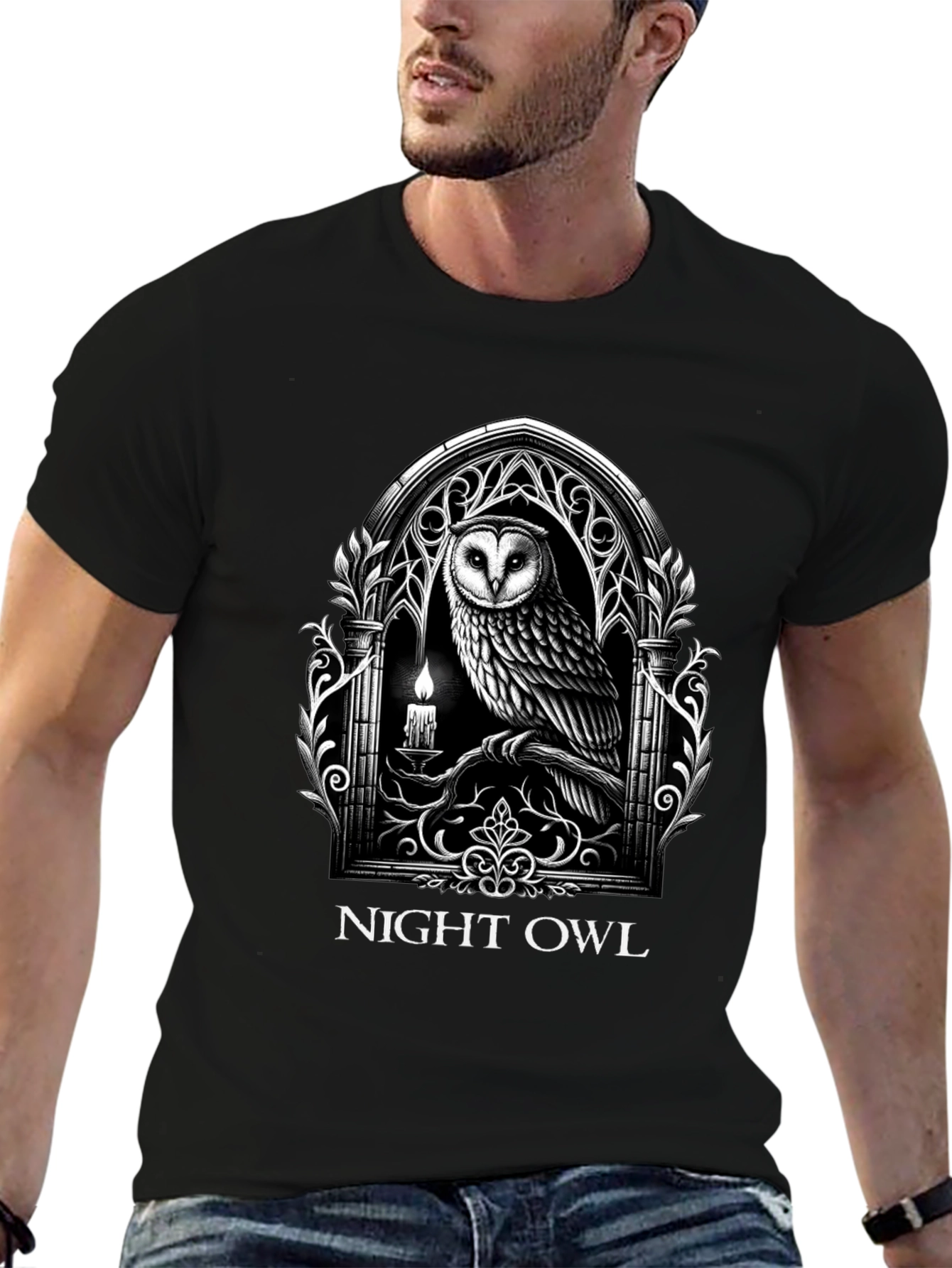 Black Night Owl Gothic Graphic T-Shirt view 6