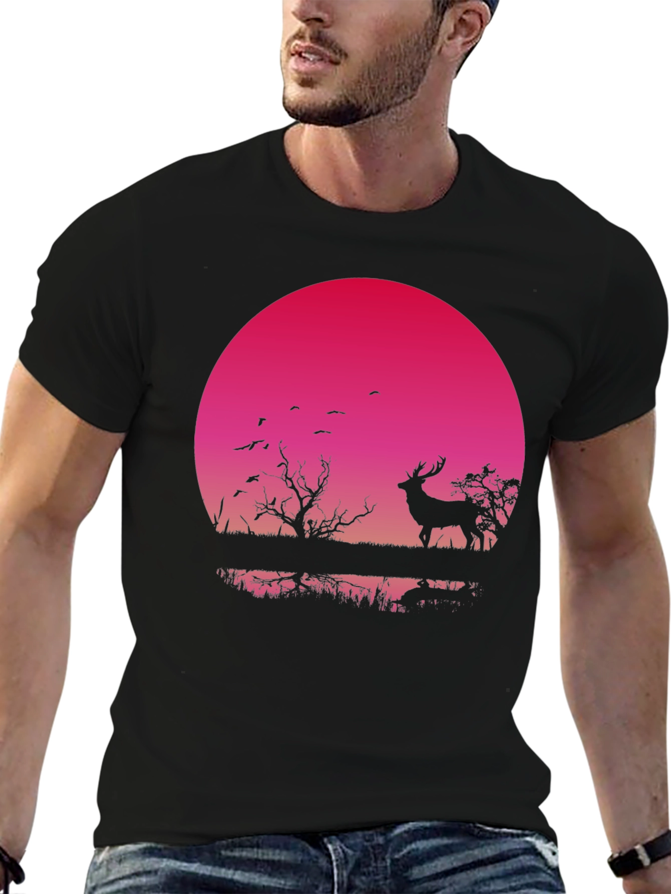 Black Deer Silhouette T-Shirt - Sunset Design view 6