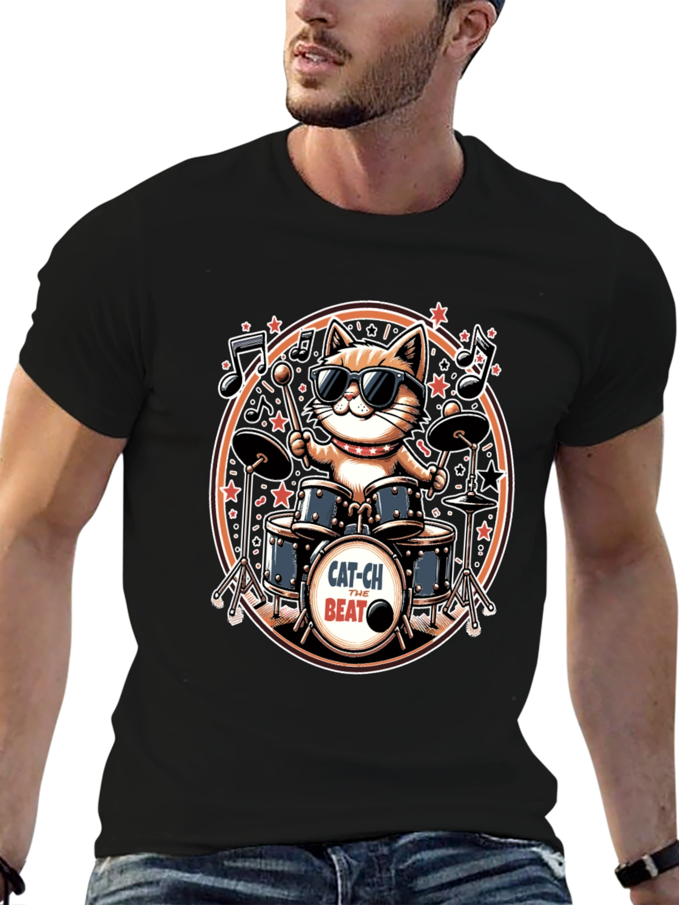 Black Cool Cat Drummer Graphic Tee - Black view 6