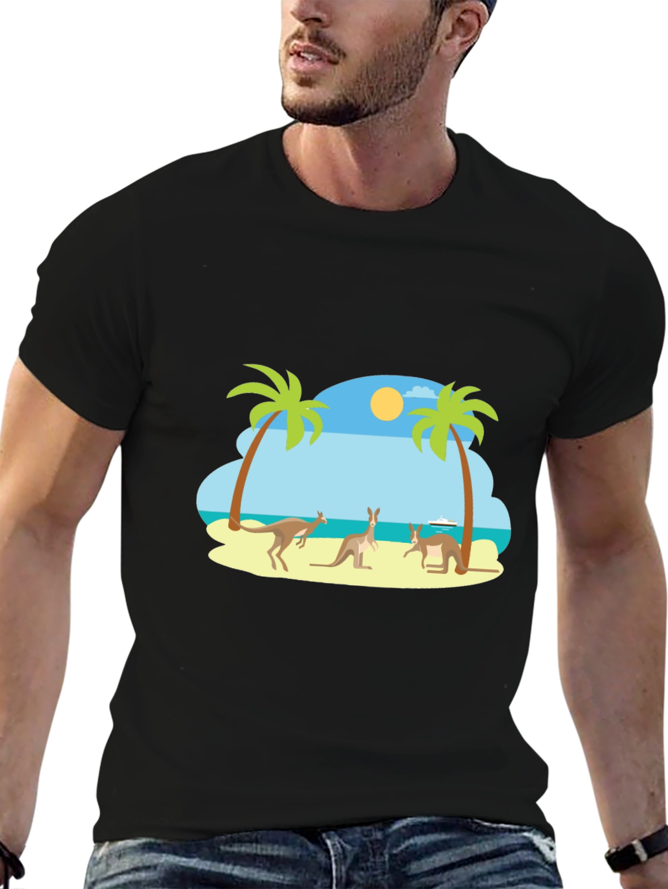 Black Kangaroo Beach Graphic Tee - Black Cotton T-Shirt view 6