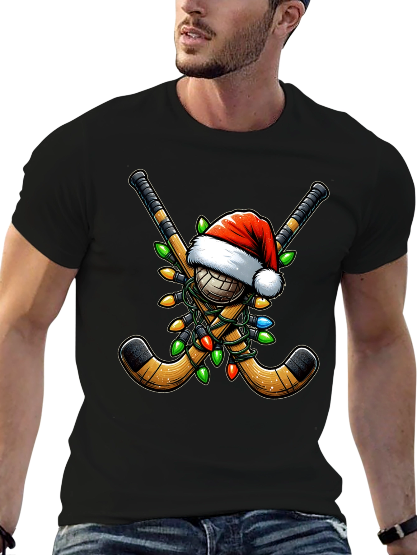 Black Festive Hockey Holiday T-Shirt view 6